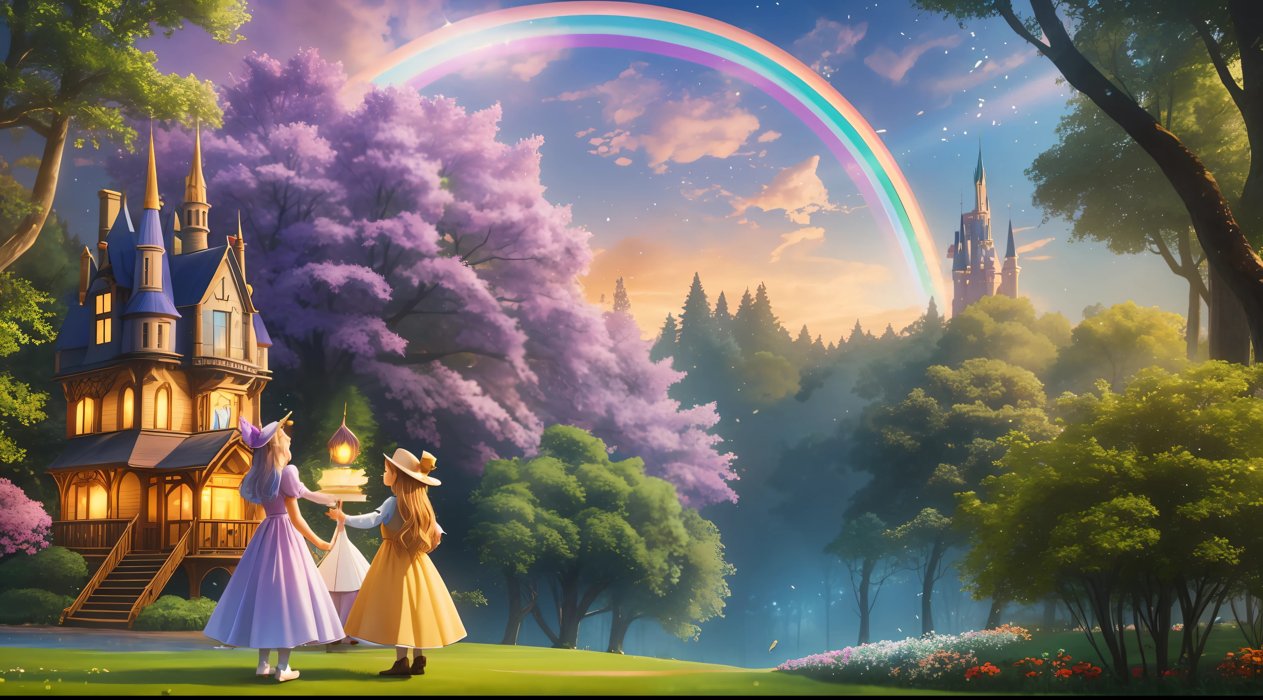 Imagine a magical and enchanting scene, with a fairy-tale atmosphere. The cover photo can show an enchanted forest, with tall, colorful trees, full of singing birds. In the center of the photo, place an open book floating in the air, with bright, illuminated pages. Around the book, add elements from children's tales, such as characters from fables like the Mad Hatter, Cinderella, the Little Prince, or even a cute unicorn.
In the sky, add a vibrant rainbow, stretching across the image. Around the forest, add some smiling children, demonstrating the joy and magic of the stories told in the channel. hyper realistic, 8k, ultra hd, pixar style, disney style, cinema 4d, --ar3:2