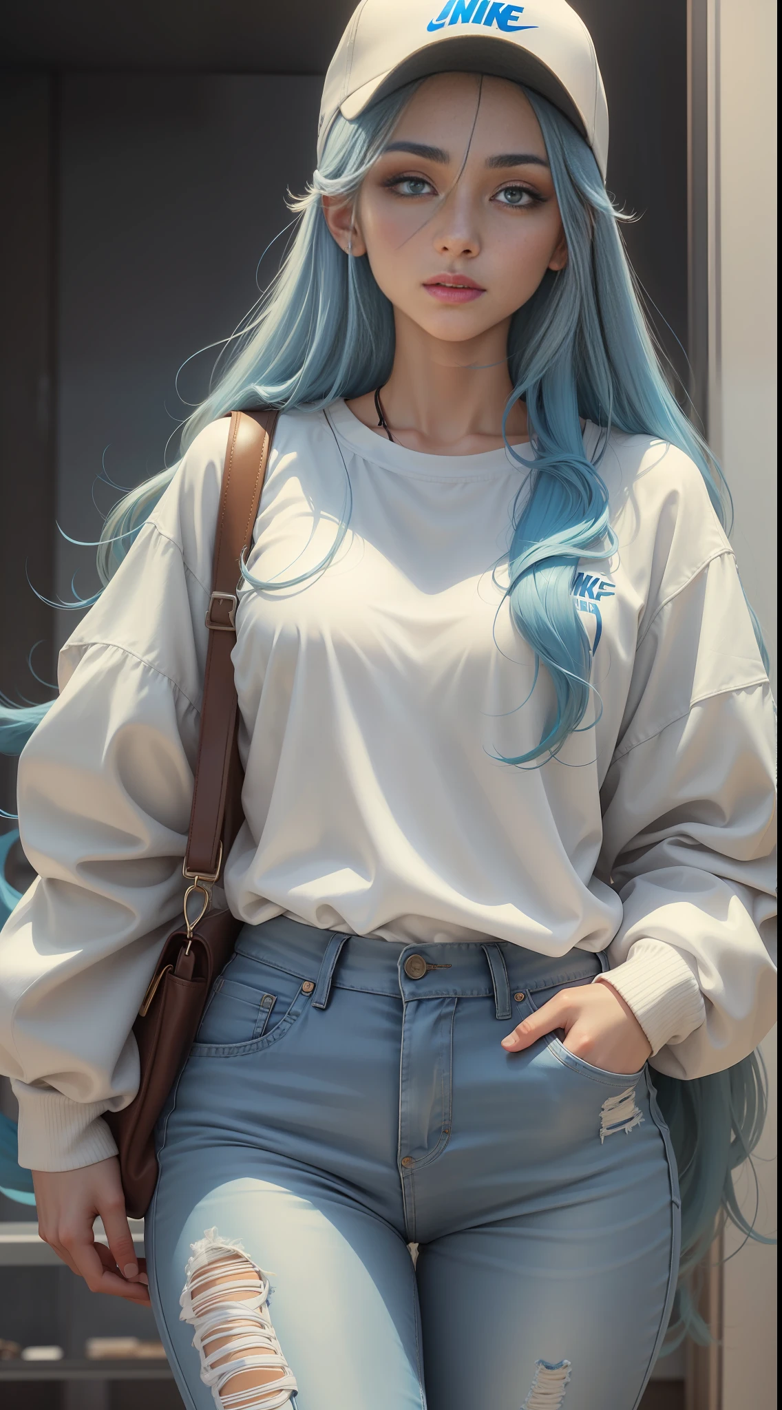 A woman in a white shirt and jeans is playing a video game, minimalist style, wearing elegant casual clothes, soft blue, simple clothes, milk and blue style, casual clothing style, modern fashion clothing, wearing fisherman, casual modern clothing, inspo, blue clothes, blue pants, neutral tones, rred and white color scheme, casual business wear, scary face, nike shoes, 22 years old, adult face, long hair, ((blue hair))