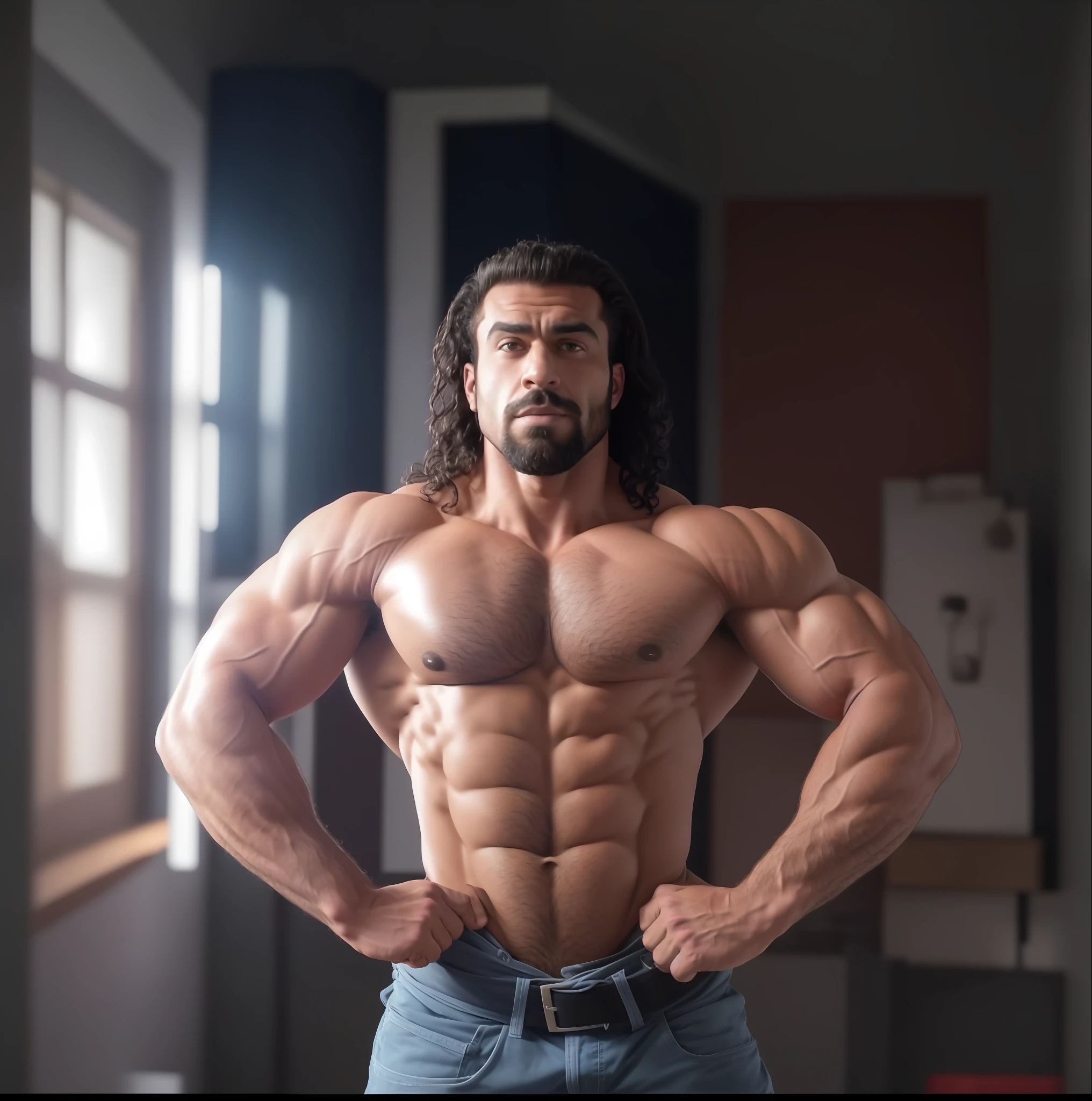 arafed man with a beard and ???????? standing in a room, exaggeratedly large physique, exaggerated physique, very beautiful. big muscles, exaggerated muscle physique, strong and imposing, absurdly massive physique, big muscles, bodybuilder, extremely muscular, muscular!!!, absurdly muscular physique, hirstute and muscled, posing and flexing, large muscles