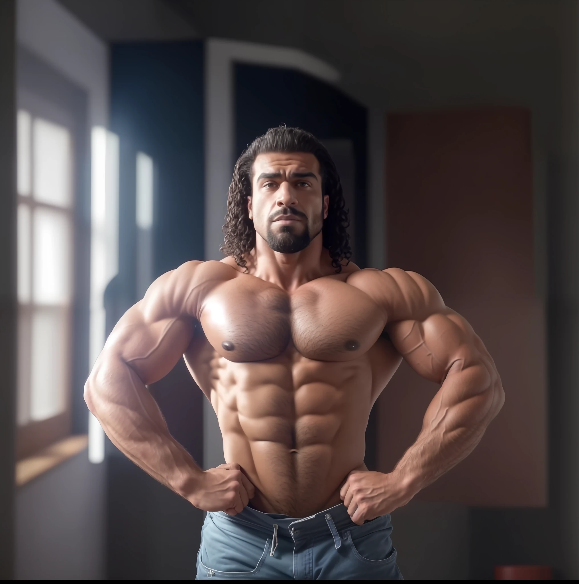 arafed man with a beard and no shirt standing in a room, exaggeratedly large physique, exaggerated physique, very beautiful. big muscles, exaggerated muscle physique, strong and imposing, absurdly massive physique, big muscles, bodybuilder, extremely muscular, muscular!!!, absurdly muscular physique, hirstute and muscled, posing and flexing, large muscles