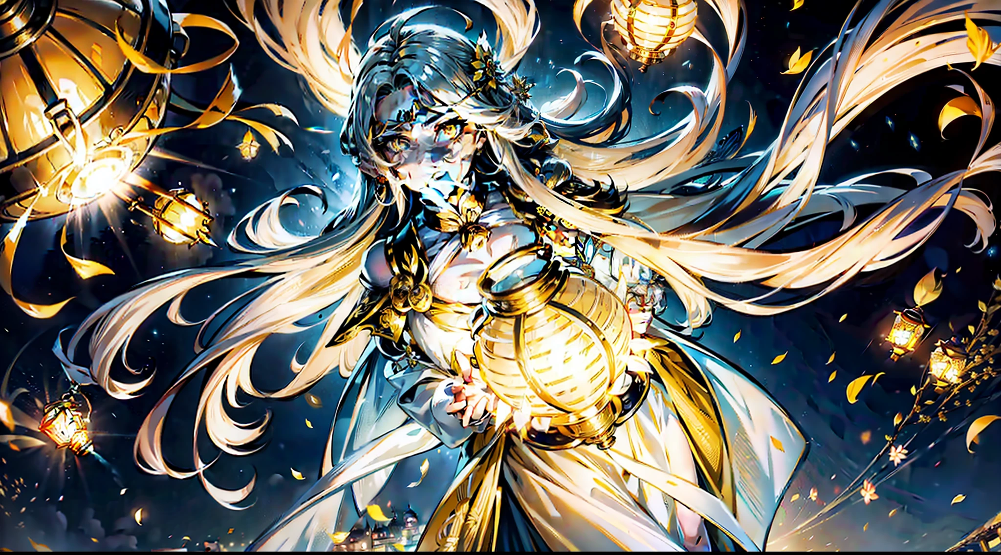goddess of lamps, (silver long hair blowing in the wind:1.3), hair reflecting the light of street lamps, (golden eyes:1.3), (long dress fluttering in the wind:1.3), (dress is very long:1.3), (Chinese dress black AND white AND yellow:1.3), flickering lanterns flying around, shoulders open, dress covering chest, red belt with a knot of happiness  on a dress, the goddess is walking along a modern street, lanterns are burning on the street, night, stars in the sky, view from above, fantasy, (detailed face:1.3)