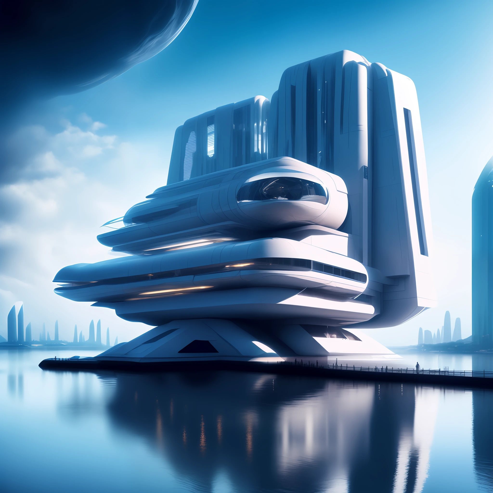 photo, a futuristic building in the middle of a body of water (ModernFutures style:1)