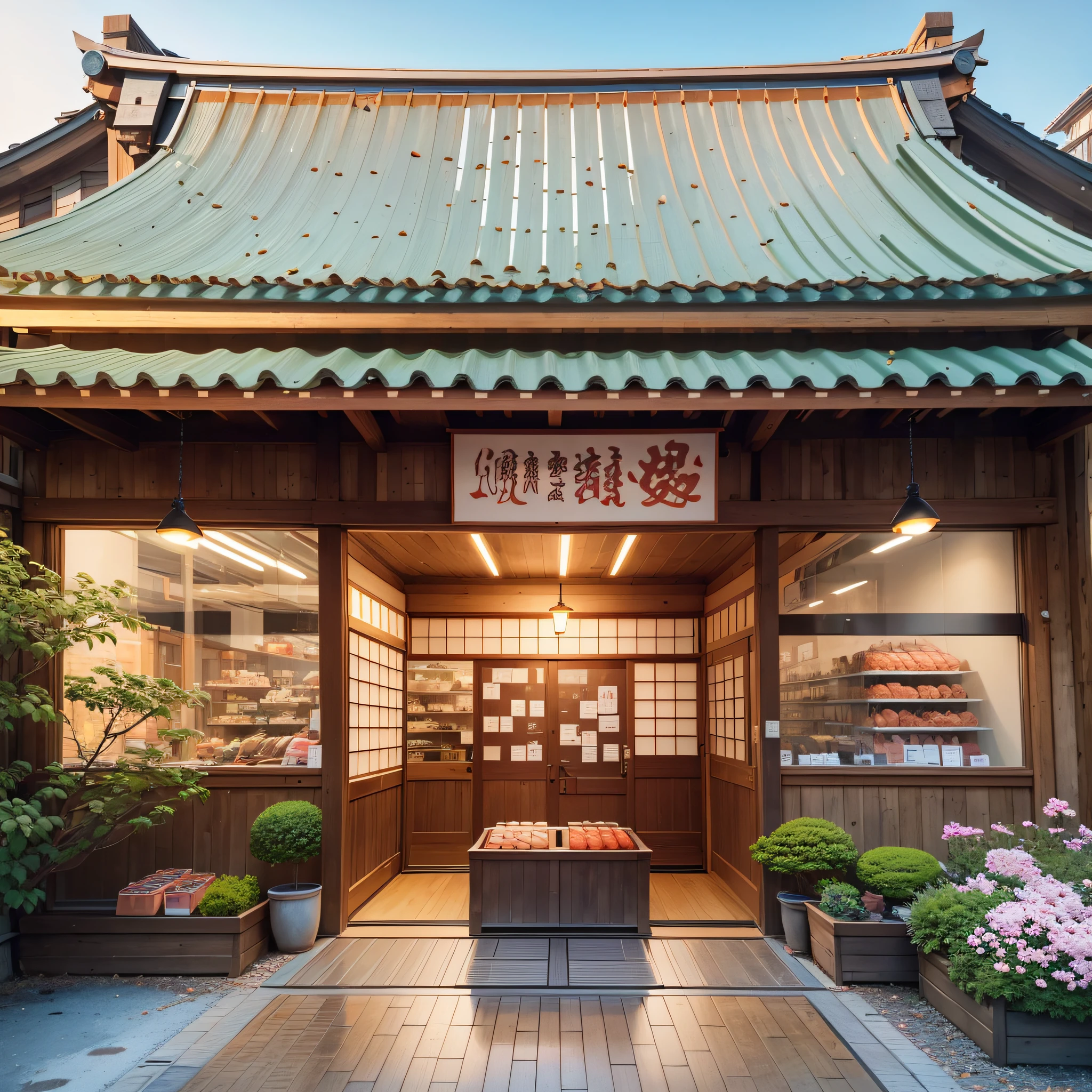 The exterior of this sushi specialty store exudes strong Japanese style, with a simple, natural and elegant atmosphere. In sunny weather, it blooms with charming charm. Here is a detailed description: The main body of the store's architecture is made of high-quality wood such as oak or cypress, creating a warm and natural atmosphere. The entire building is dominated by wooden structures, presenting a typical Japanese architectural style. The roof design is the highlight of this sushi specialty shop. Inspired by the shapes of salmon and sashimi, it showcases the main ingredients of sushi. The roof may use special construction techniques and materials that give it the realistic texture and form of salmon and sashimi. In sunny weather, the sun shines through the salmon and sashimi shapes on the roof, bringing soft light to the shop. This natural light creates a warm and bright atmosphere, providing customers with a comfortable and enjoyable dining experience. The facade of the shop may be a traditional wooden structure and painted in natural tones or traditional Japanese paint to blend in with its surroundings. Windows may be large and wide, allowing plenty of natural light into the store. At the entrance of a store, you may see a traditional noren (noren) with the store's logo or name printed on it. The screens may be traditional Japanese patterns such as cherry blossoms, moiré, or traditional fonts --auto --s2