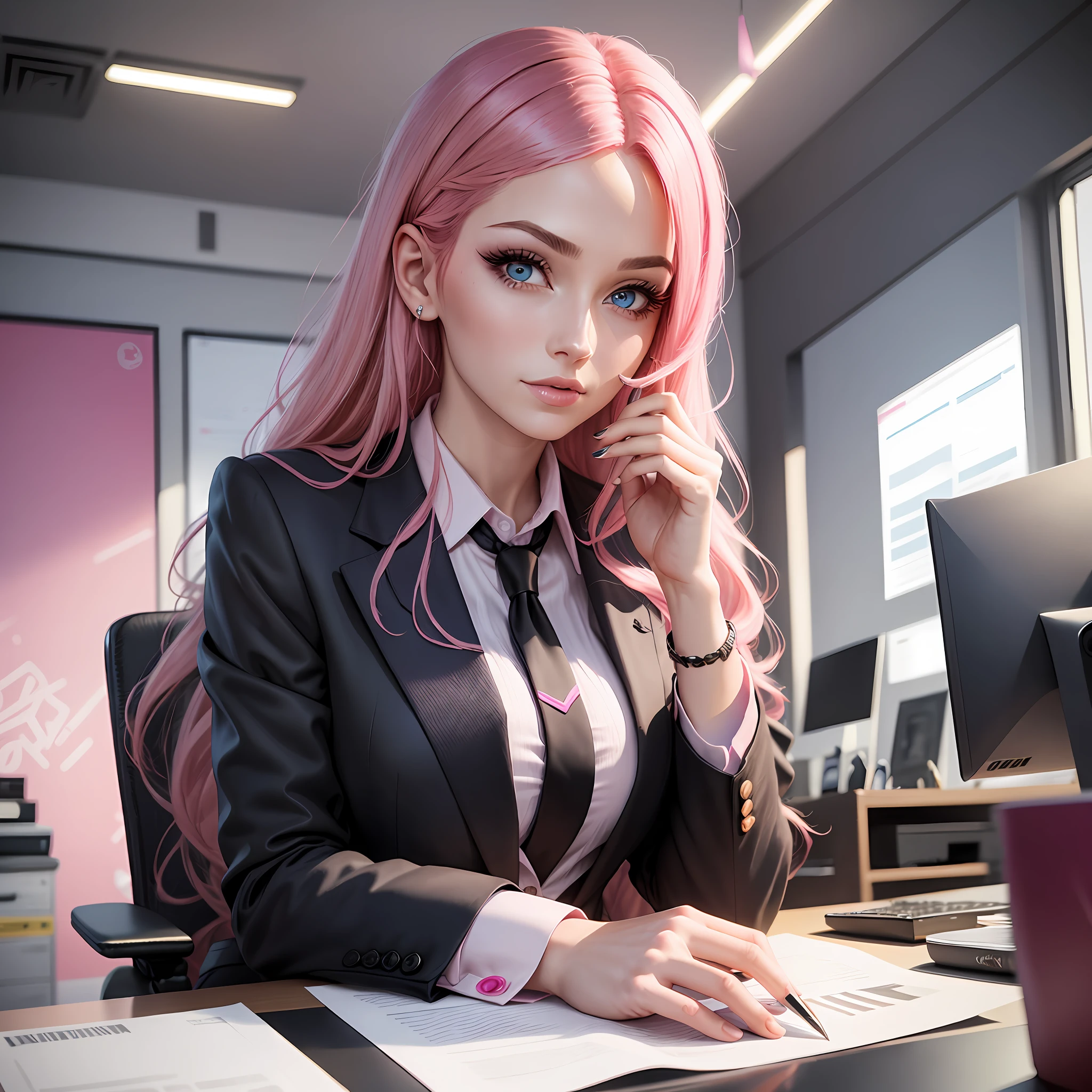 Woman with pink hair, black executive dress, looking forward, long hair, sweet look, blue eyes, pink eyeshadow, inside an office.