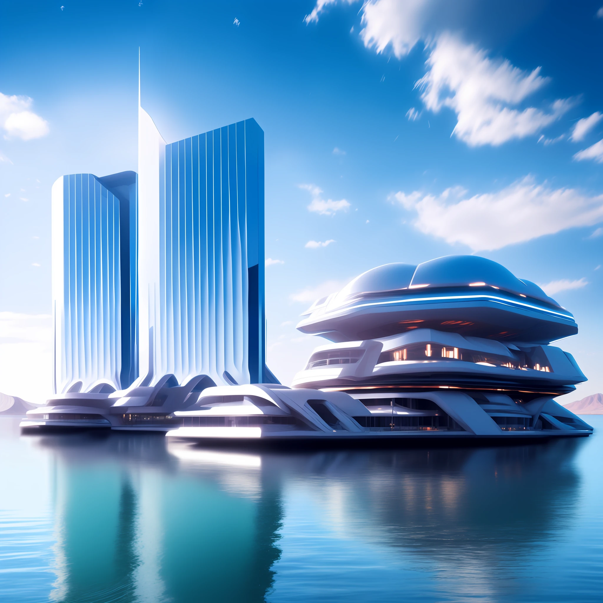 photo, a futuristic building in the middle of a body of water (ModernFutures style:1), las vegas