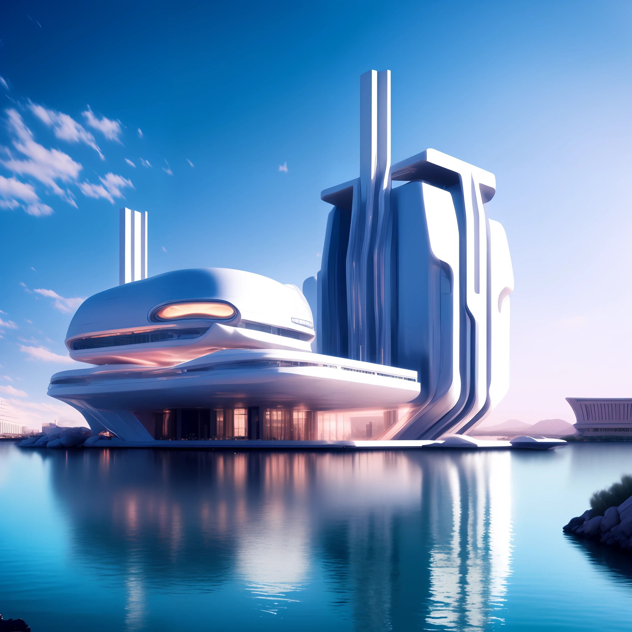 photo, a futuristic building in the middle of a body of water (ModernFutures style:1), las vegas