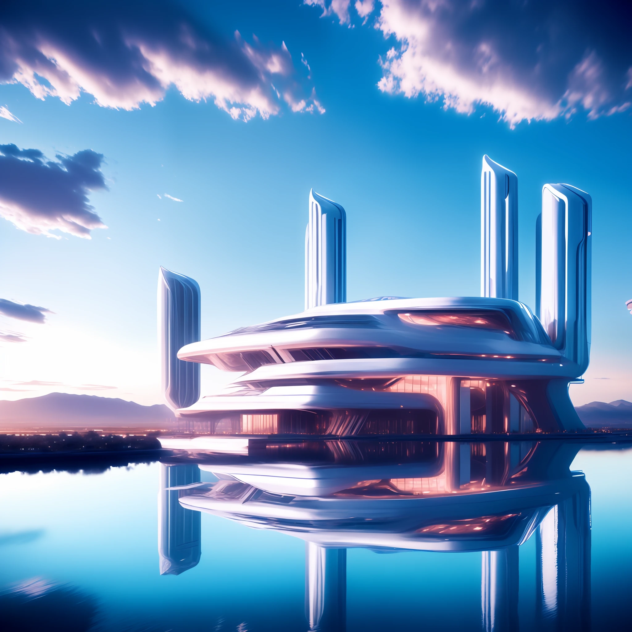 photo, a futuristic building in the middle of a body of water (ModernFutures style:1), las vegas