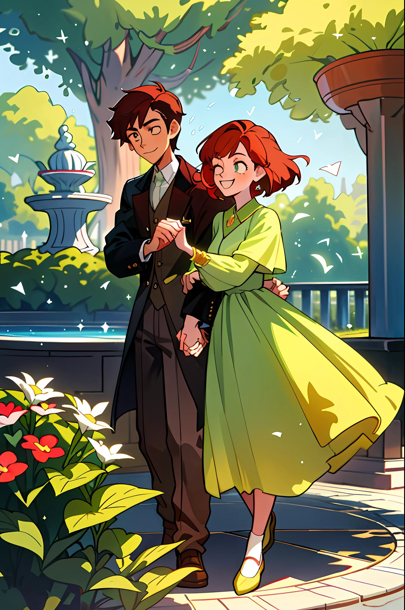 Best quality, masterpiece.
A boy with half green and half brown hair, and a girl, face to face: 1.1. In a charming square, we encounter a couple of agers. The boy, slightly taller than his girlfriend, stands out with his short, straight hair, which is a true work of art. Half of it is dyed a vibrant green, while the other half is a rich brown, creating a unique and bold contrast. His eyes sparkle with enthusiasm, and his smile is infectious.
Embracing him is his girlfriend, with stunning red hair that falls gracefully over her shoulders. Her red hair is a display of liveliness, and her appearance is accentuated by the round prescription glasses she wears, adding a touch of intellectuality and charm to her look.
Both are dressed in elegant green clothes, which perfectly match the environment around them. The golden details on their clothes add an extra shine and a touch of sophistication. They exude youth and energy, radiating happiness as they enjoy each other's company.
The square they are in is a haven of tranquility and beauty. Colorful flowers adorn the flowerbeds and perfume the air with their sweet fragrances. Wooden benches are strategically positioned around the square, inviting love-struck couples to enjoy moments of tenderness and connection.
A central fountain spreads crystal clear water at a gentle pace, providing a serene soundtrack to the couple's encounter. The tall, leafy trees offer shade and a sense of intimacy, while birds sing harmonious melodies, adding a touch of serenity to the environment.
The sun shines softly, illuminating the couple's faces and creating a special sparkle in their eyes. Together, they share a moment of complicity and love, enjoying the peace and beauty of the square and each other's presence.
In this charming setting, the couple conveys an image of youth, joy, and connection, demonstrating the power of love amidst a tranquil environment.