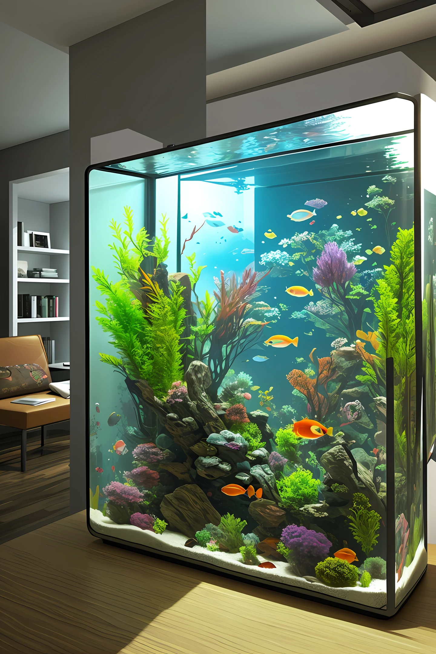 futuristic cozy interior design with high level of detail, one wall consists of a fish tank, HDR, --ar 16:9 --s 750 --v 5.1