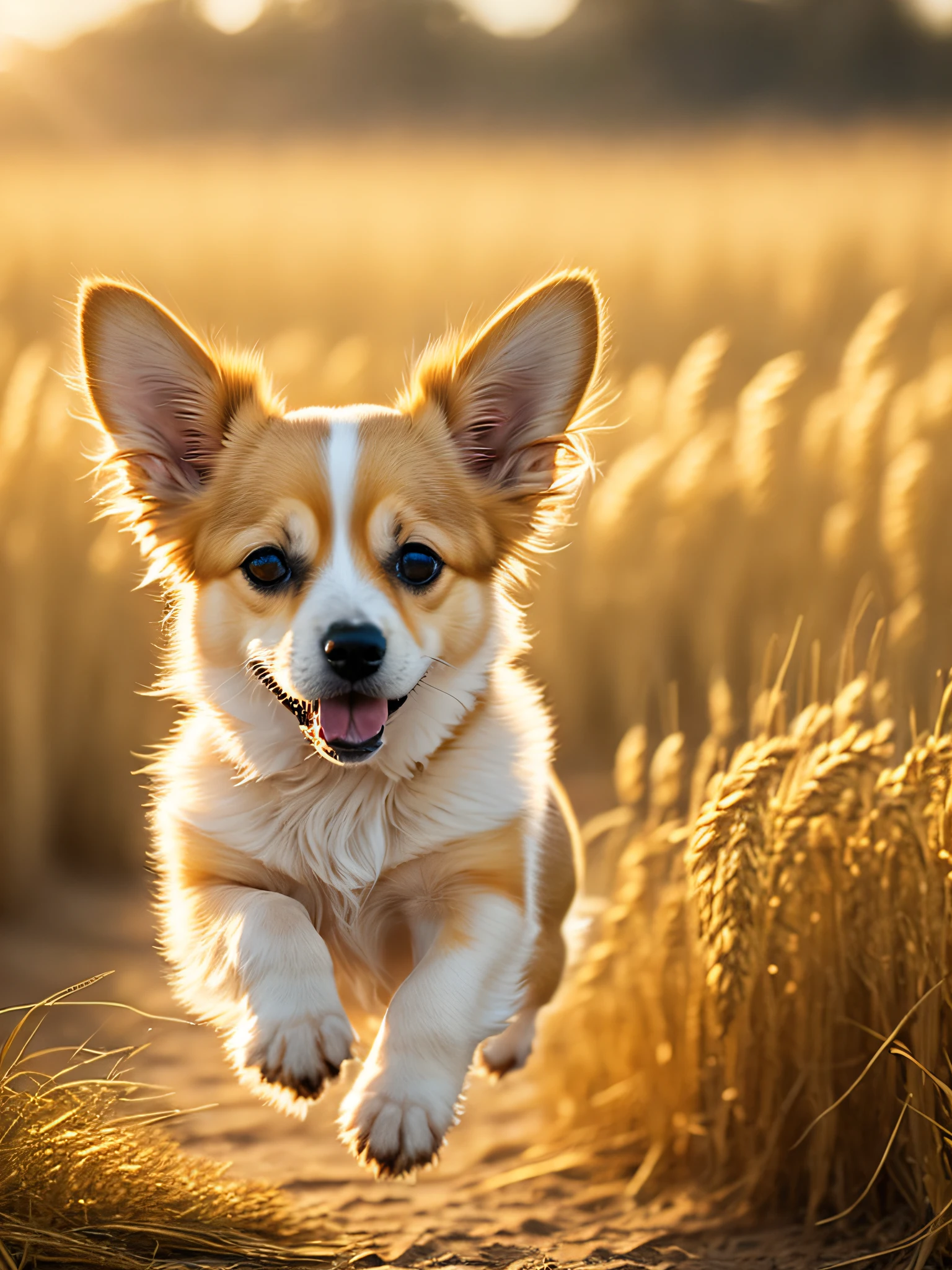 Close-up of a very cute jumping puppy in a golden wheat field, soft volumetric light, corgi, (backlight: 1.3), (movie: 1.2), intricate details, (ArtStation: 1.3), Rutkowski