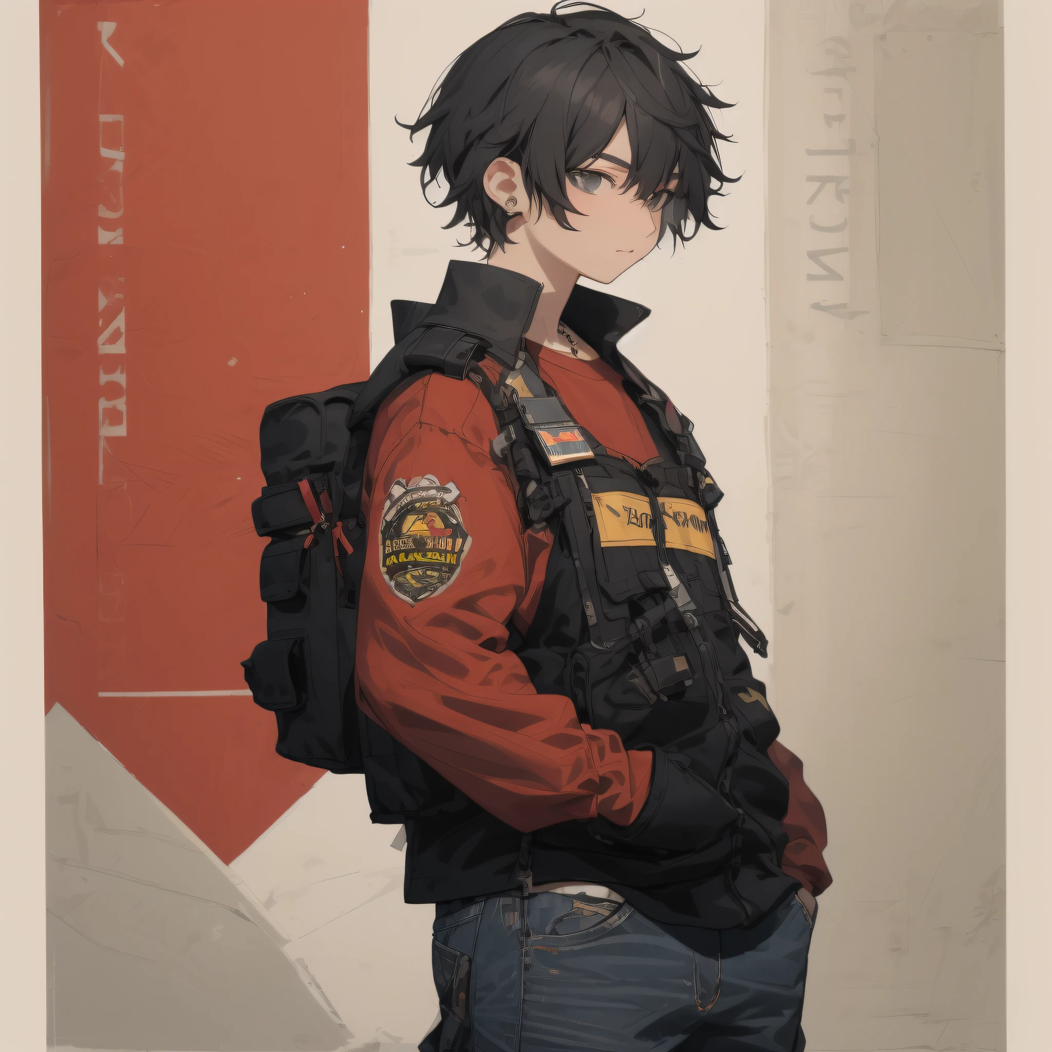 (draw) ((masterpiece, best quality)) (character design sheet, same character, front, side, back, with words written around ,written on the side of the character "Daniel") a 20-year-old boy with black hair, dark red sweatshirt with gear print, jeans, shirt, backpack cargo hair, feather earring, black necklace, hands in pocket, black bulletproof vest that covers the entire part of the torso