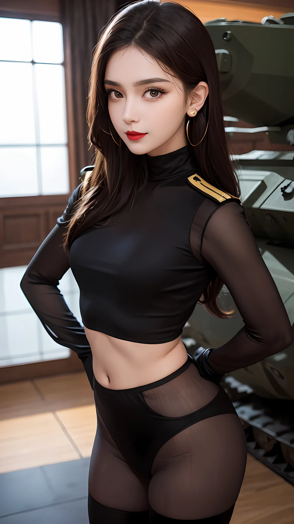 1 beautiful girl wearing a general's costume, Long dark brown hair tied neatly, beautiful face, big round eyes, thin eyebrows, heavy makeup eyelids, earrings with earrings, red lips, charming smile, Wearing an officer's uniform, big and round chest, slim waist, small butt, long legs wearing thin black mesh stockings, The girl is standing next to a tank, best picture, highest quality, 8k quality, portrait,