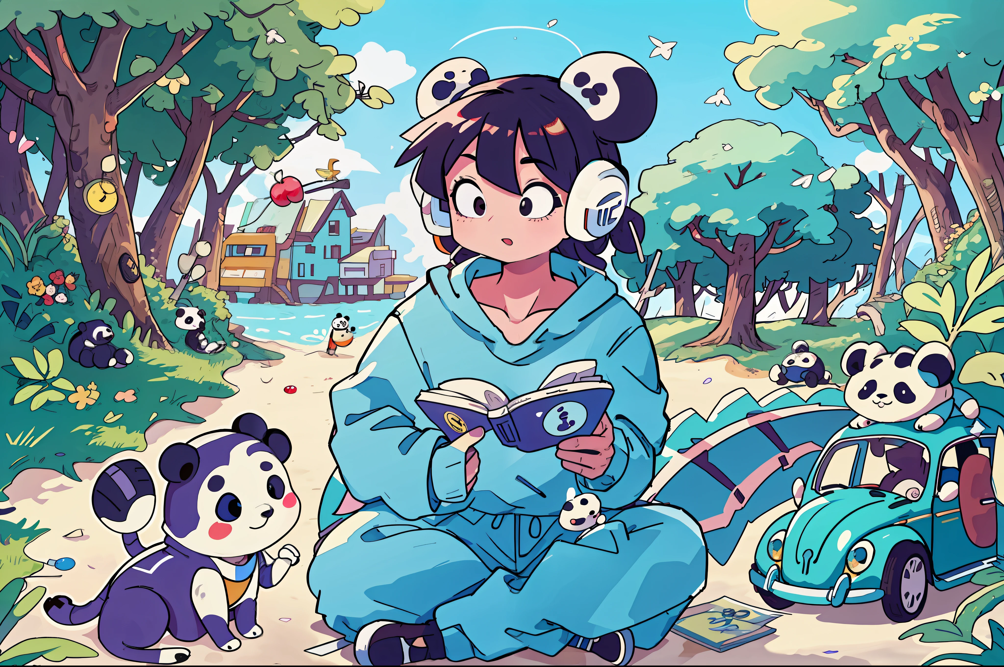 Masterpiece, High quality,4k, create a panda in the Dragon Ball manga style, wearing a Head Fone and A light blue sweatshirt, next to a Volkswagen Beetle, on the beach street with a cherry tree in a dreamy atmosphere.