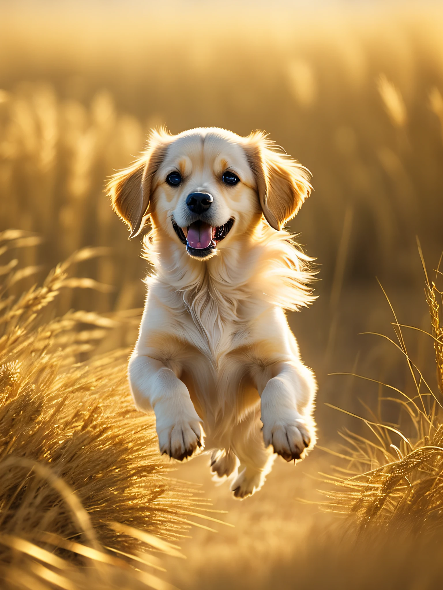 Close-up of a very cute jumping puppy in a golden wheat field, soft volumetric light, golden retriever, (backlight: 1.3), (movie: 1.2), intricate details, (ArtStation: 1.3), Rutkowski