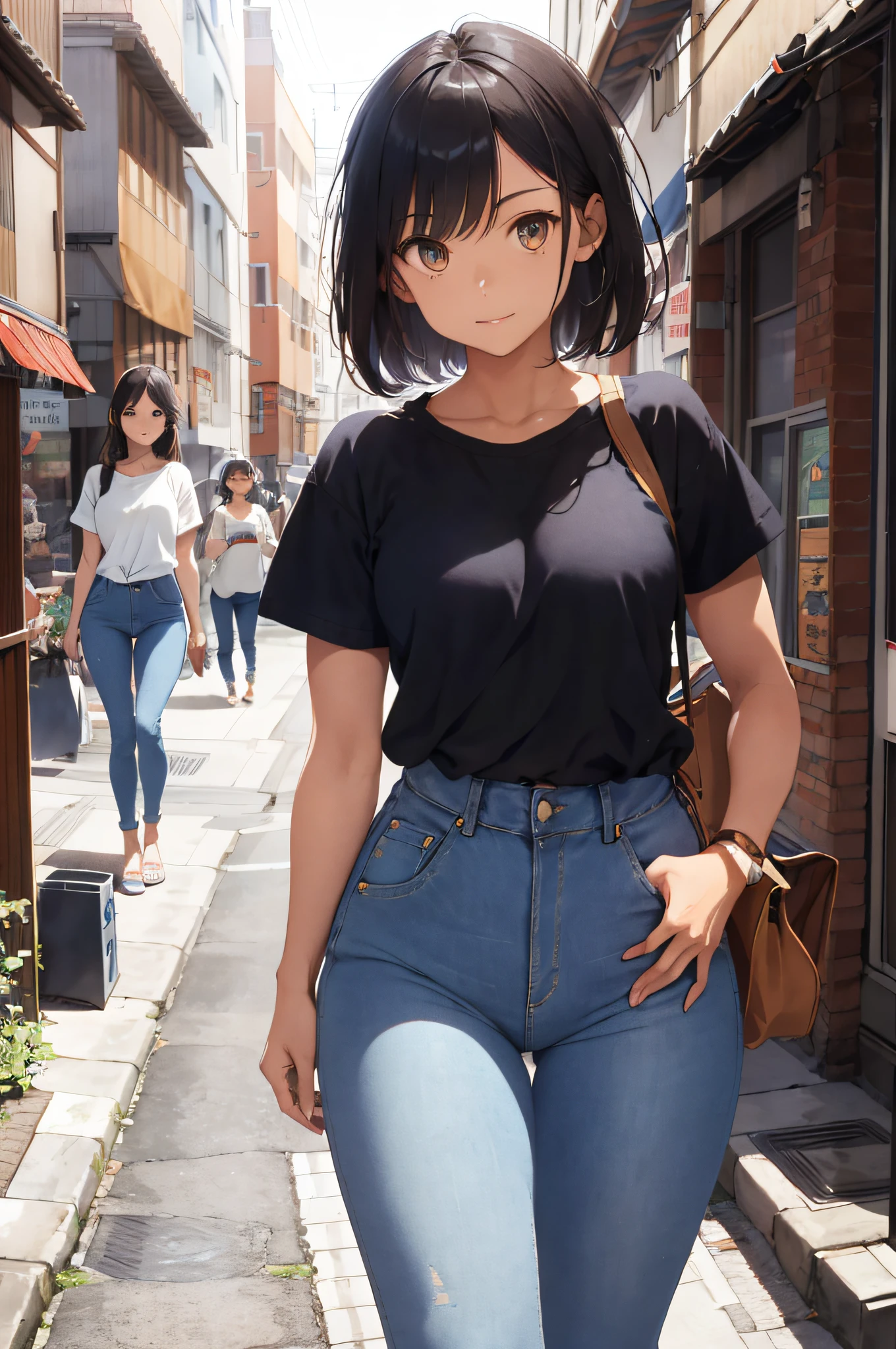 Woman in araffe in jeans and tanned shirt standing on the sidewalk, casual plain clothing style, cat-eared woman fashion model, jeans and t-shirt, thin waist, bae streak, shirt and jeans, thin waist, jeans, casual modern clothes, thin waist and thick hips, wearing shirt and jeans, Japan model, advertising image, baggy jeans