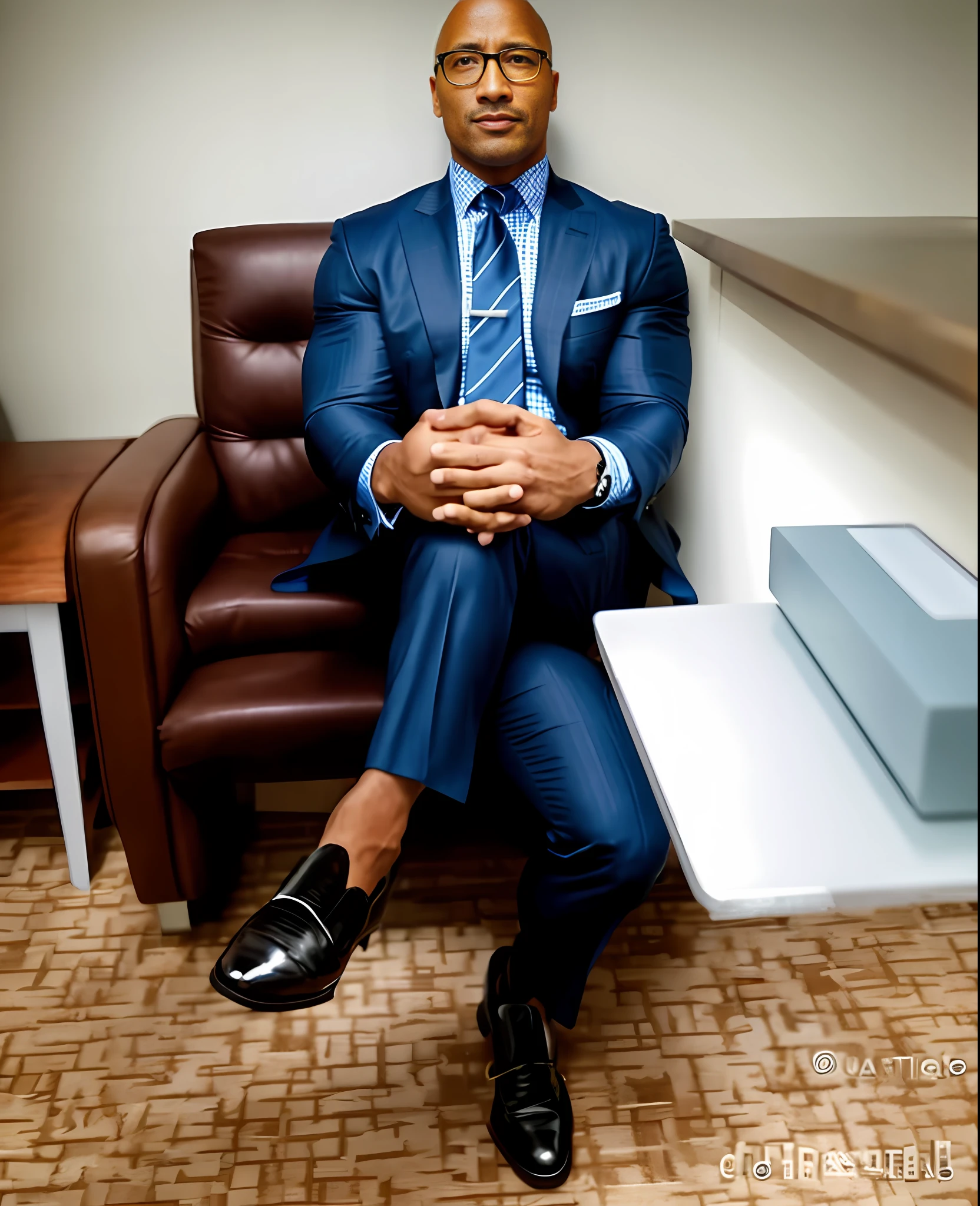 1man sitting down, in a suit and tie, Dwayne Johnson the rock