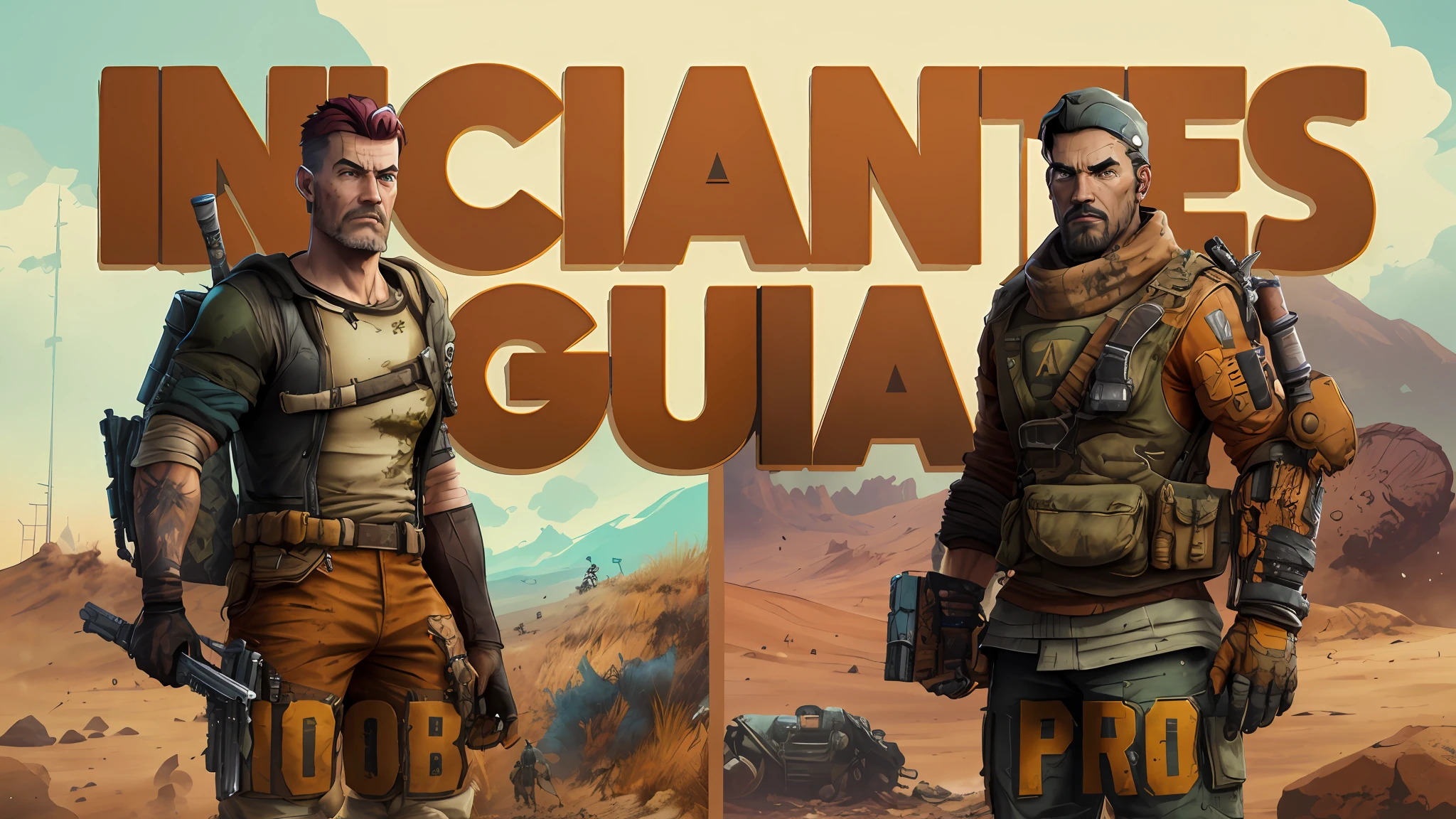 two images of two men in different outfits with guns and a rifle, guide, gaunt, borderlands 3 style, quixel megascan, lucas graziano, giga chad, fallout style, postapocalyptic style, borderlands style, postapocalyptic, style of borderlands, biomutant, ign, james gurney and andreas rocha