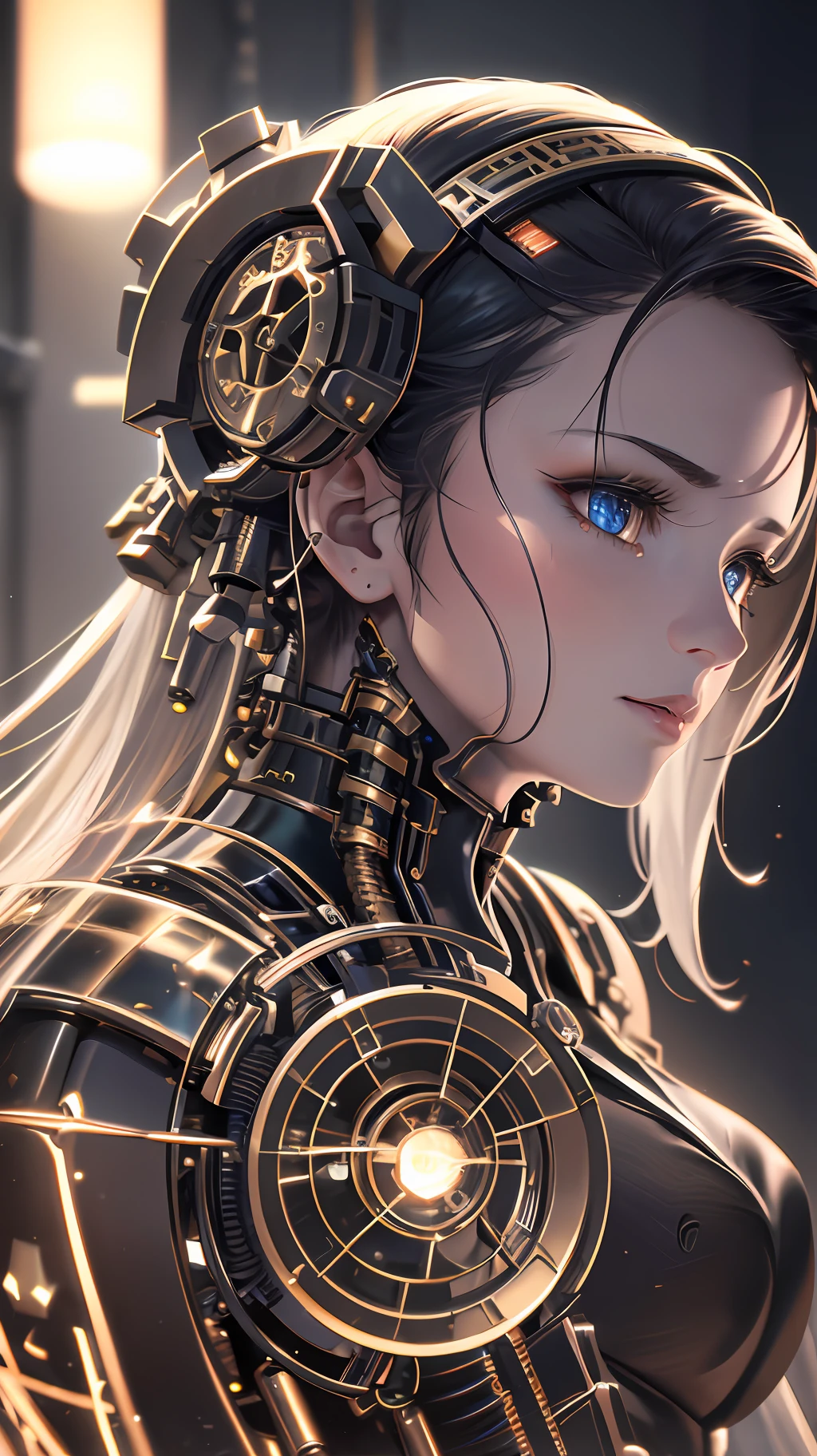 Beautiful close up portrait photograph of a mechanical girl/android((ultra realistic details)), cinematic illumination, shadows and light, octane render, 8k, ultra sharp,metal,intricate, ornaments detailed, cold colors, Babylonian theme, highly intricate details, realistic light, trending on ArtStation, glowing eyes, facing camera, neon details, mechanical limbs,blood vessels connected to tubes,mechanical vertebra attaching to back,mechanical cervical attaching to neck,wires and cables connecting to the head, depth of field f/2.8