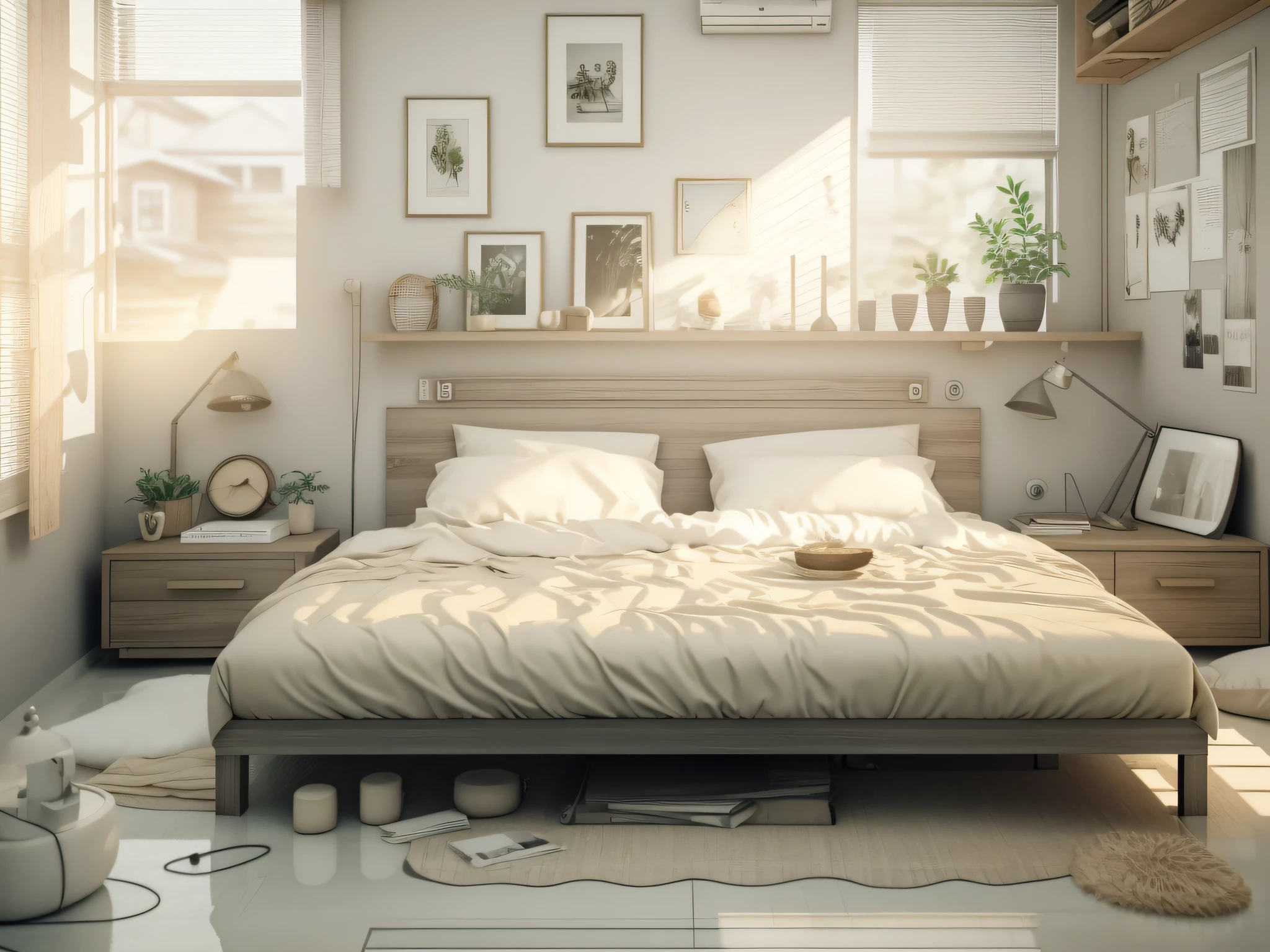 Interior design, wabi-sabi style, bedroom, cream, clean sticky room, cement color, one modern low bed, two bedside tables, bed facing the lens, no main light design, masterpiece, highest quality, highest resolution, realistic, photo realism --auto --s2
