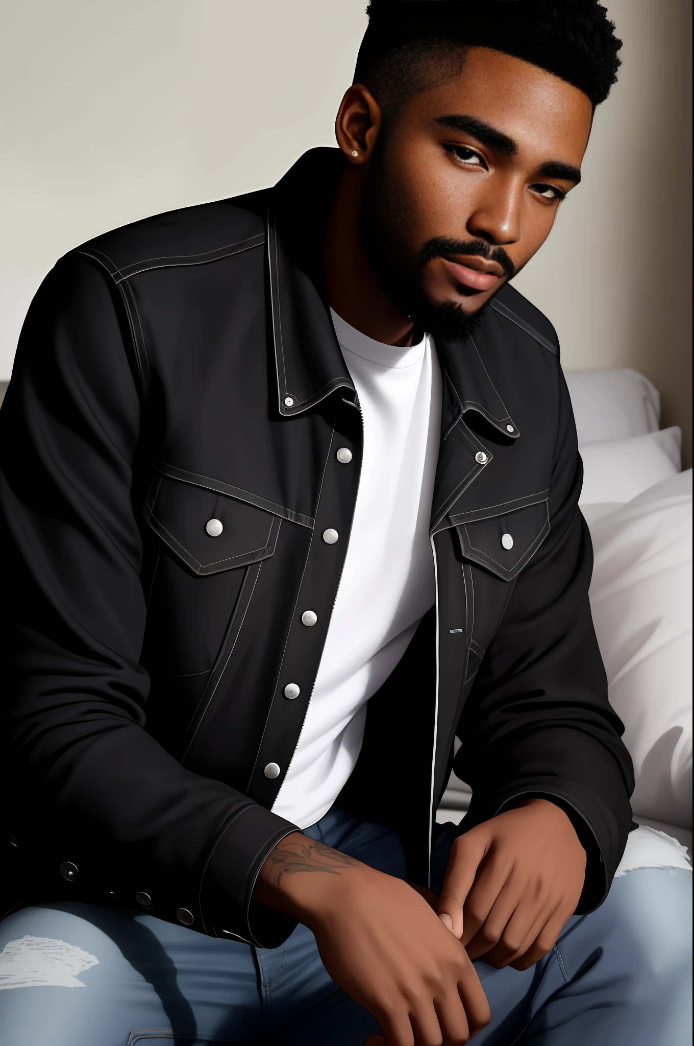 Peronage A 26-year-old black man with short shaved black hair and a beard close to his face was sitting on his bed, staring straight ahead. He wore a black jacket, a white shirt and jeans.he is very quiet and a youtuber