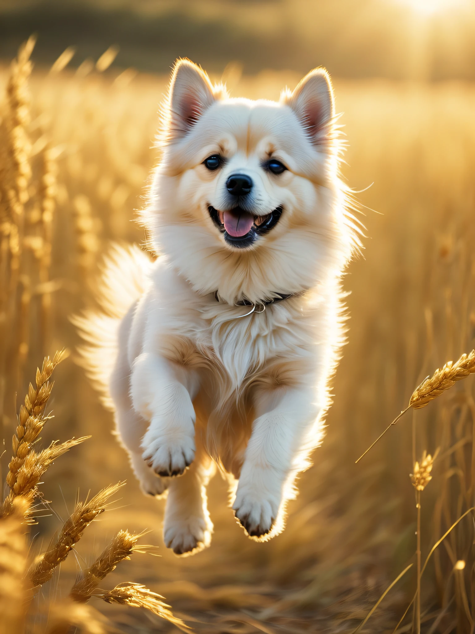 Close-up of a very cute jumping puppy in a golden wheat field, soft volumetric light, Samoyed, (backlight: 1.3), (movie: 1.2), intricate details, (ArtStation: 1.3), Rutkowski