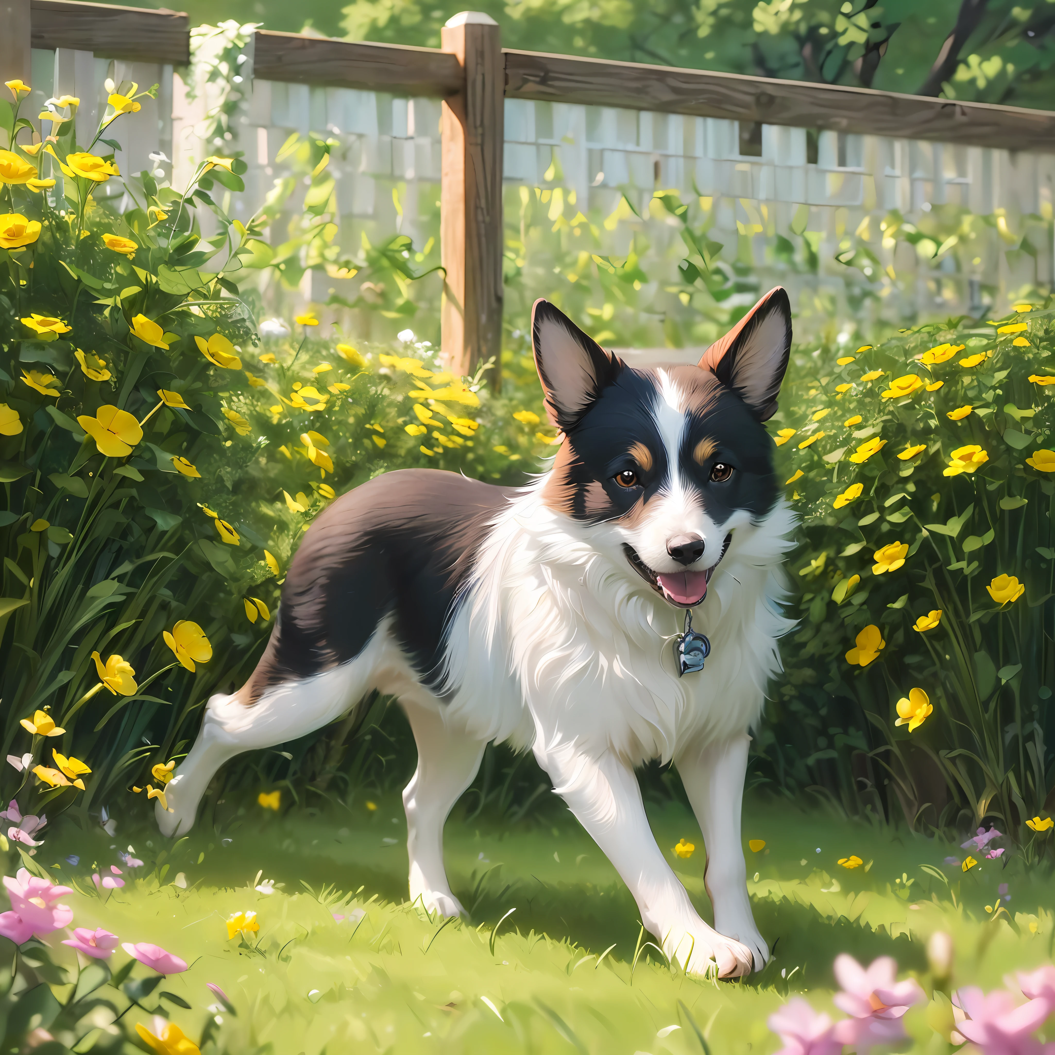 (extremely detailed CG unity 8k wallpaper,masterpiece, best quality),(best illumination, best shadow, an extremely delicate and beautiful),heartwarming,(dog playing in the backyard with its owner),(green grass:1.2+yellow flowers),(light breeze),(happy atmosphere) --auto --s2