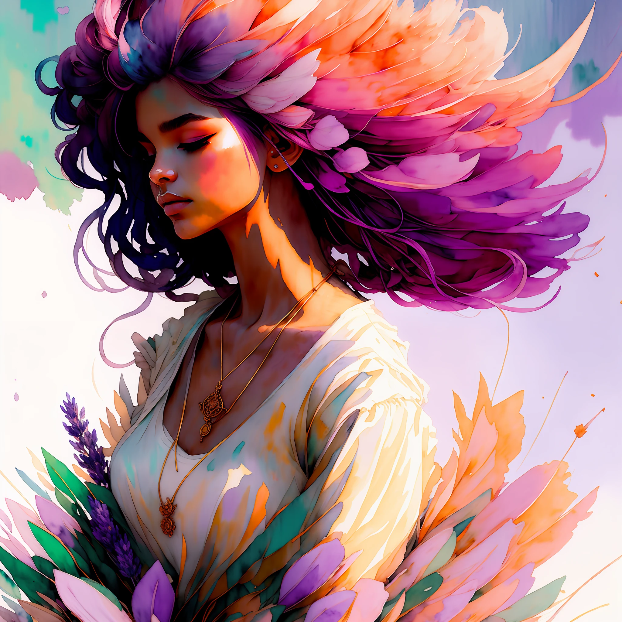 wtrcolor style, (lavender) digital art, official art, windblown, masterpiece, gorgeous, ((watercolor)), ink splashes, intricate details. Great detail, [pinging: 0.7], Trending at Artstation, Rachel Walker