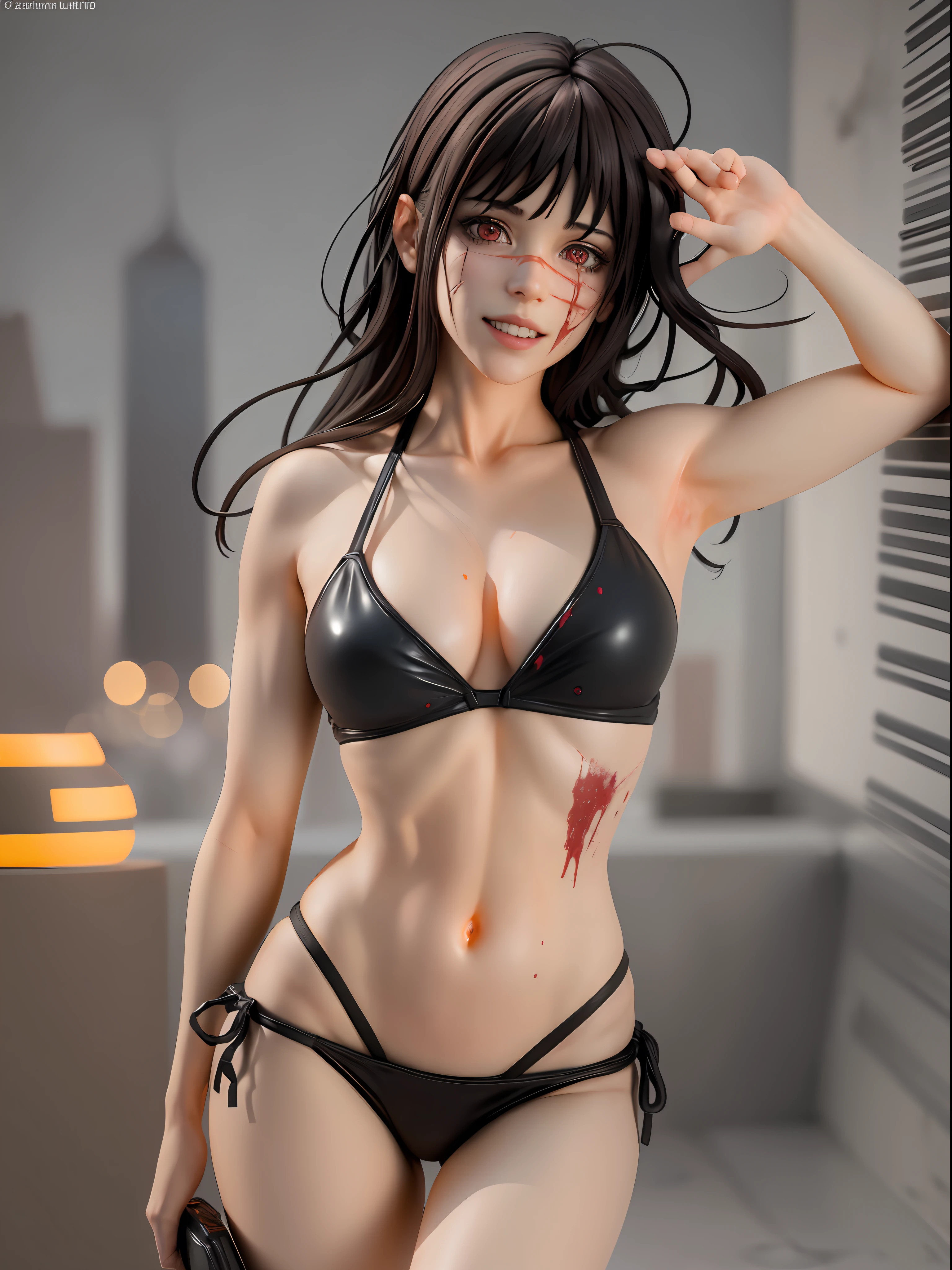cowboy Shot,solo, 1girl, yoru \(chainsaw man\), (blood splatter:1.2), evil grin, looking away, hand in own hair, red eyes,black bikini,full body, chibi, [realistic], [3d], (3dcg), ((octane render)), closed mouth,full body,evil smile,
(8k, RAW photo, best quality, masterpiece:1.2), ultra high res, (((realistic, photo-realistic))), professional lighting, detailed lighting, professional photography, fisheye, dynamic angle, high quality, high res, extremely detailed, bloom,ultra detaile lighting,ultra detaile shadow,
depth of field, sketch, sharp focus, soft lighting, good composition, god light highlight, detailed, (((photorealistic details))), detailed skin, to8contrast style