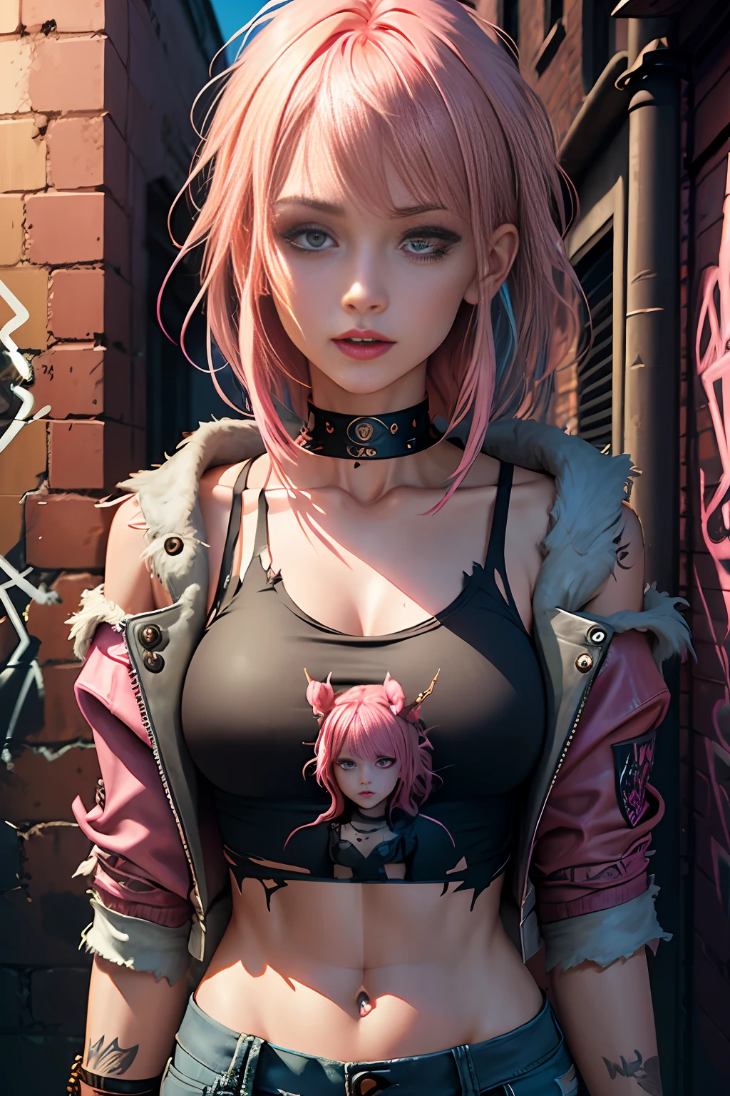 best quality, upper body,intricate details, chromatic aberration,1girl, pixie hair, pink hair, messy hair, cinematic lighting, gothic makeup, sharp eyes,croptop, torn jeans legwear, open jacket,against wall, brick wall, graffiti, dim lighting, alley, golden crown, pink skin, pink skin tone, happy, candy city