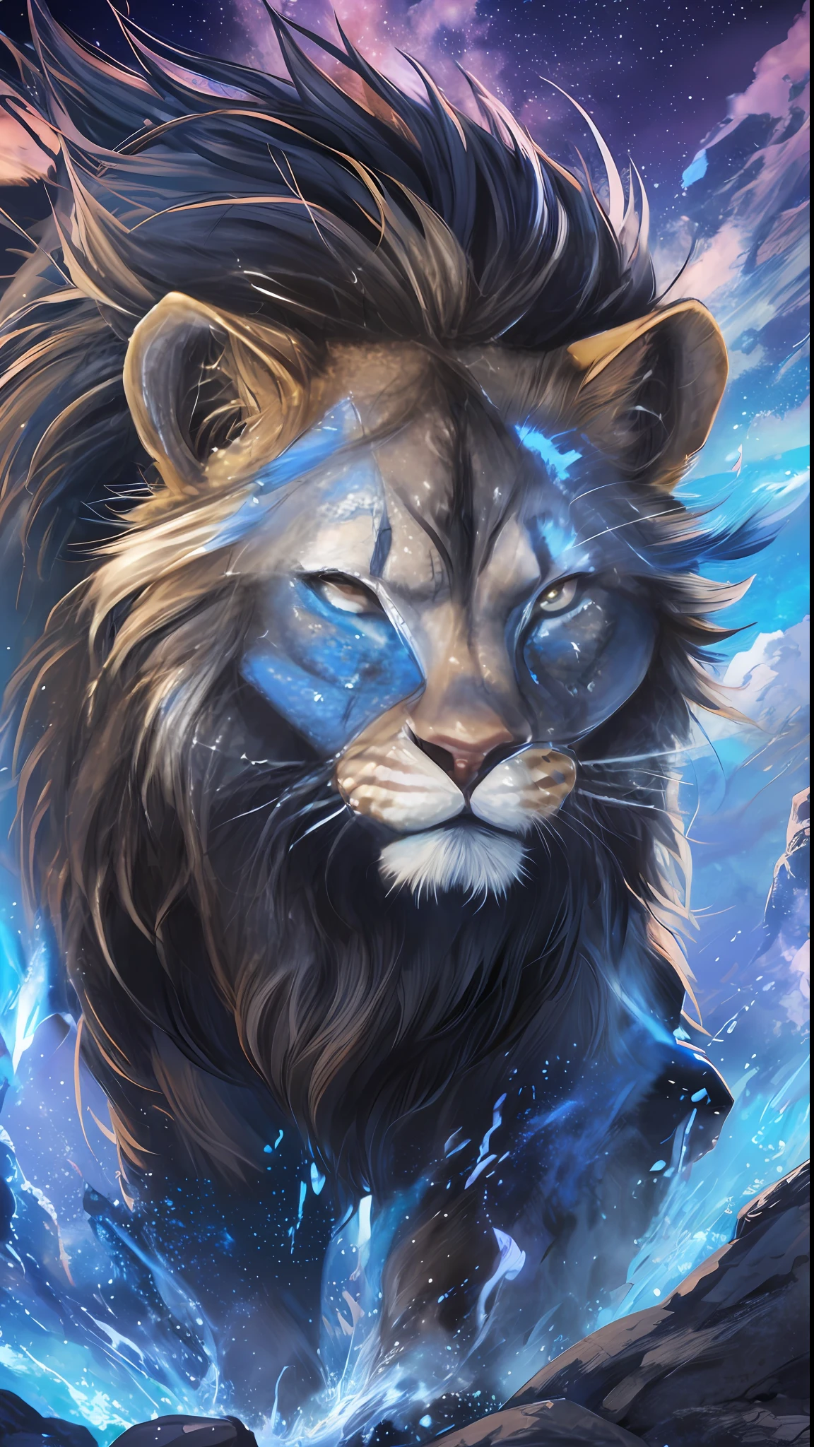 samurai lion realistic animation style, cinema quality, 3D texture, best rendering, cinematic scenery with blue nebula background, vivid colors, professional photo quality, ultra resolution, masterpiece, perfection, HDR, RTX, best anatomy, full body in photo, perfect eyes, 8K --auto --s2