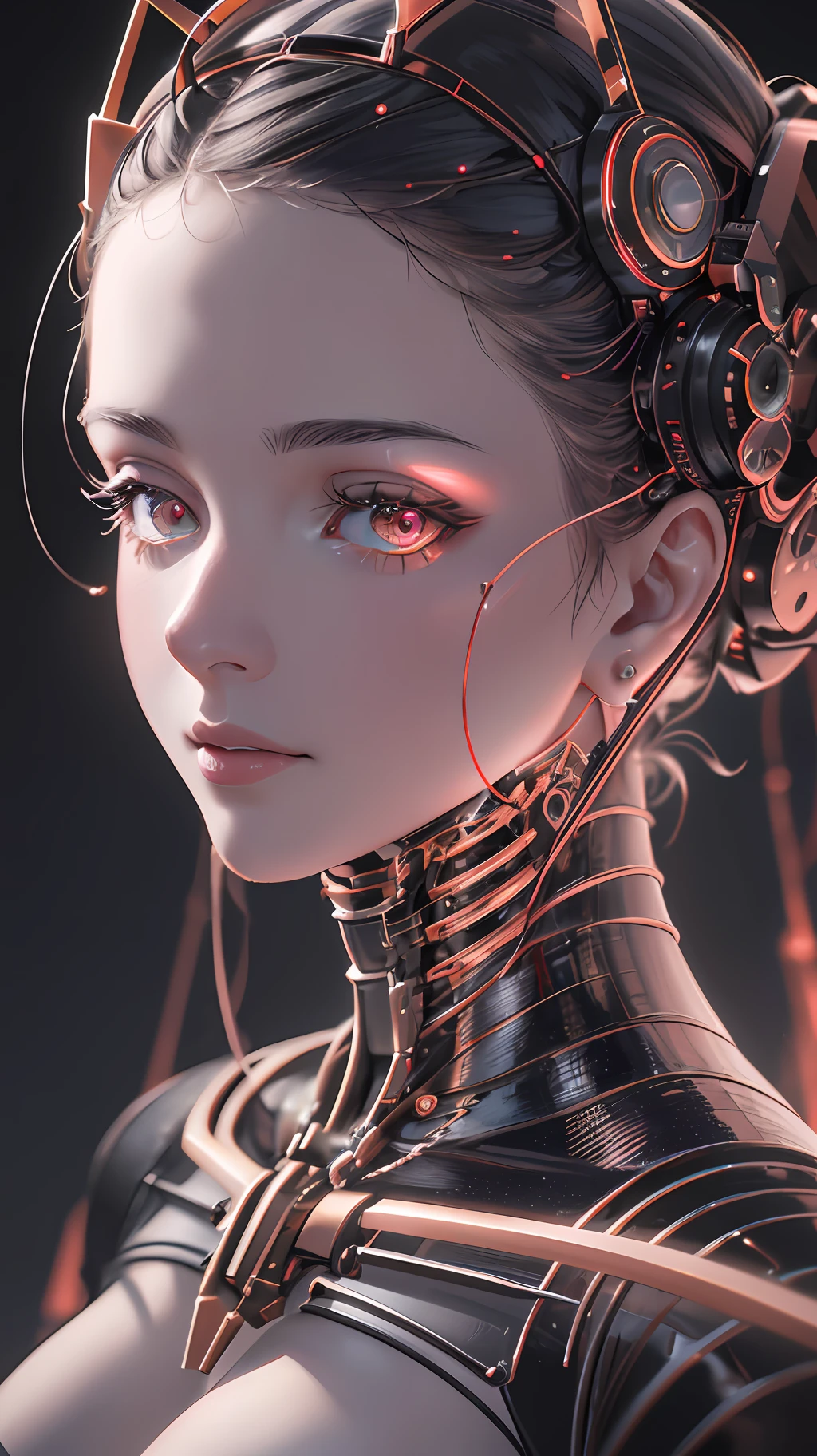 Beautiful extreme close up depth of field portrait photograph of a mechanical girl/android((ultra realistic details)), cinematic illumination, shadows and light, octane render, 8k, ultra sharp,metal,intricate, ornaments detailed, cold colors, Babylonian theme, highly intricate details, realistic light, trending on ArtStation, glowing eyes, facing camera, neon details, mechanical limbs,blood vessels connected to tubes,mechanical vertebra attaching to back,mechanical cervical attaching to neck,wires and cables connecting to the head, ((depth of field f/2.8))