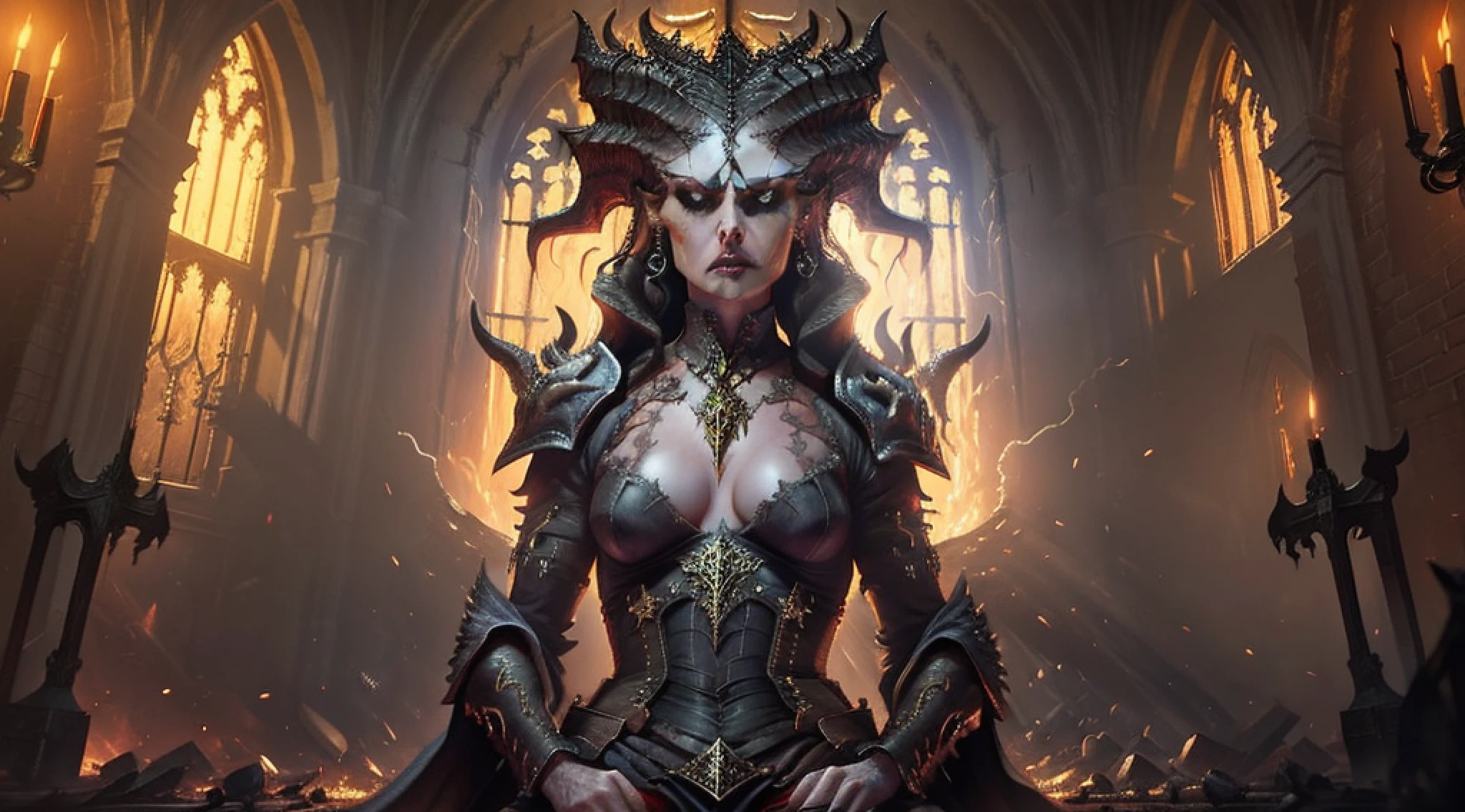 Lilith ON KNEES inside a church, fire, lightning, blood, whole body, in the style of Diablo 4,