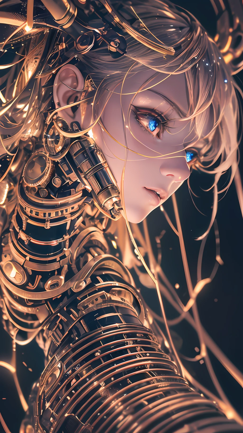 Beautiful extreme close up depth of field portrait photograph of a mechanical girl/android((ultra realistic details)), cinematic illumination, shadows and light, octane render, 8k, ultra sharp,metal,intricate, ornaments detailed, cold colors, Babylonian theme, highly intricate details, realistic light, trending on ArtStation, glowing eyes, facing camera, neon details, mechanical limbs,blood vessels connected to tubes,mechanical vertebra attaching to back,mechanical cervical attaching to neck,wires and cables connecting to the head, ((depth of field f/2.8))