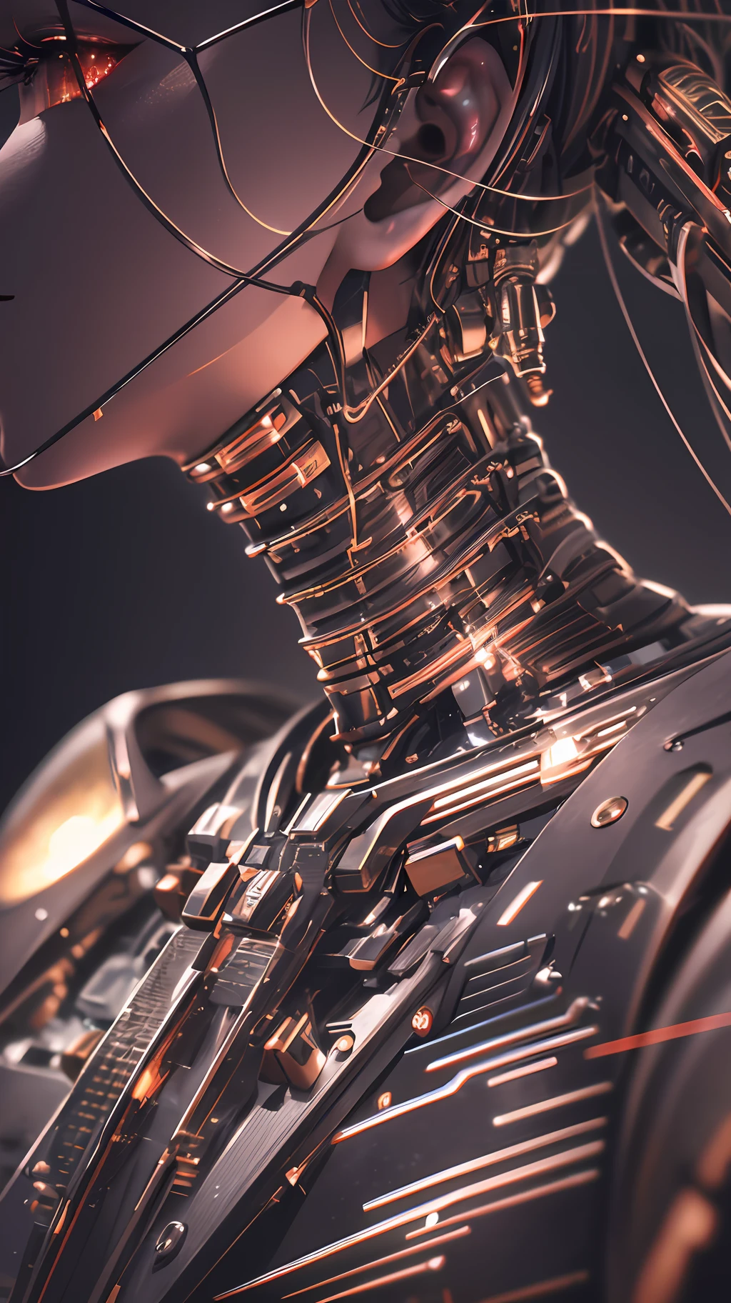 Beautiful extreme close up depth of field portrait photograph of a mechanical girl/android((ultra realistic details)), cinematic illumination, shadows and light, octane render, 8k, ultra sharp,metal,intricate, ornaments detailed, cold colors, Babylonian theme, highly intricate details, realistic light, trending on ArtStation, glowing eyes, facing camera, neon details, mechanical limbs,blood vessels connected to tubes,mechanical vertebra attaching to back,mechanical cervical attaching to neck,wires and cables connecting to the head, ((depth of field f/2.8))