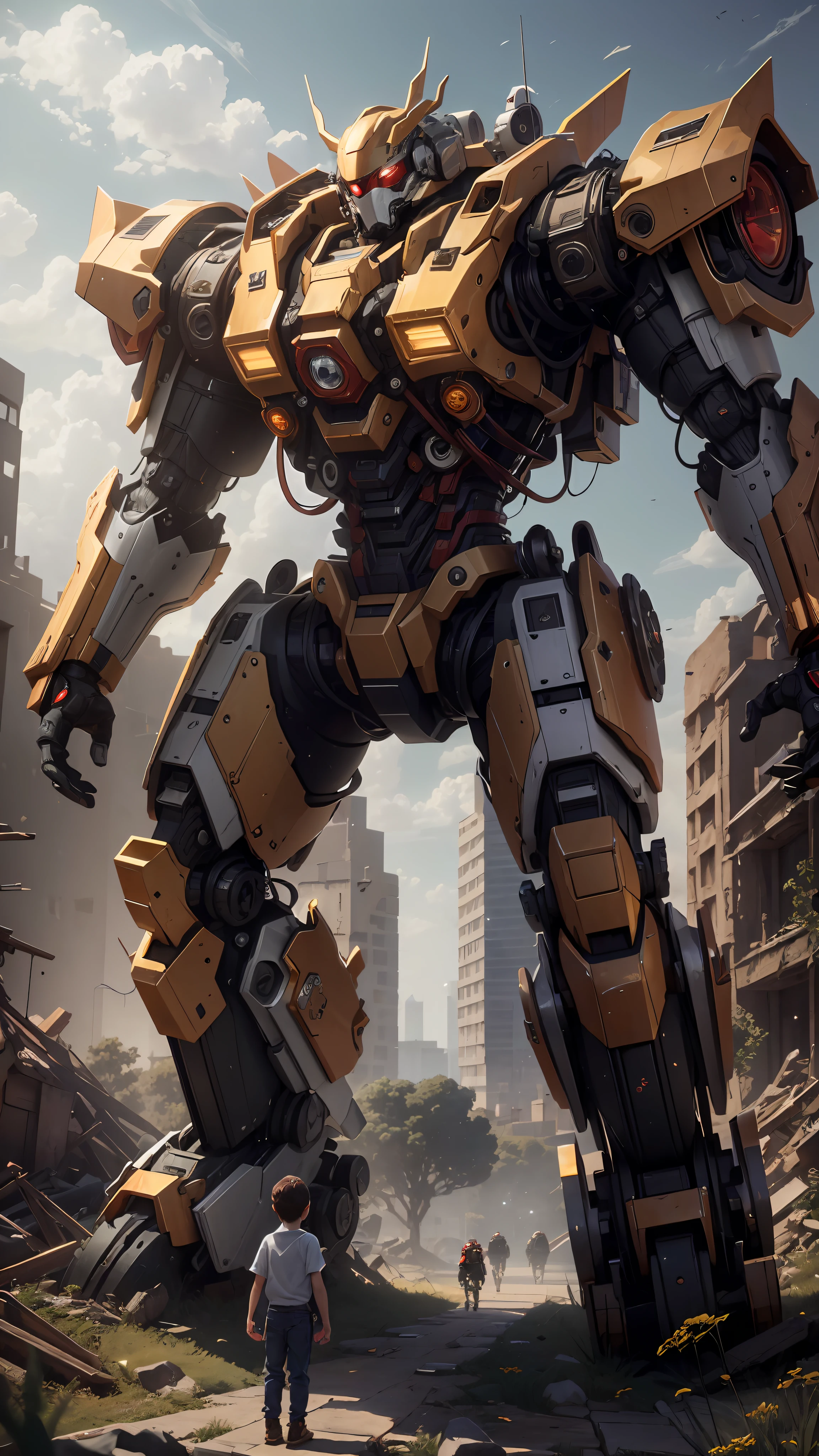 ((Best quality)), ((masterpiece)), (highly detailed:1.3), (Red Style:1.3), 3D,Shitu-mecha,  standing on the top her big cute red bear-shaped mecha in the ruins of city from a forgoten war, ancient technology,HDR (High Dynamic Range),Ray Tracing,NVIDIA RTX,Super-Resolution,Unreal 5,Subsurface scattering,PBR Texturing,Post-processing,Anisotropic Filtering,Depth-of-field,Maximum clarity and sharpness,Multi-layered textures,Albedo and Specular maps,Surface shading,Accurate simulation of light-material interaction,Perfect proportions,Octane Render,Two-tone lighting,Low ISO,White balance,Rule of thirds,Wide aperature,8K RAW,Efficient Sub-Pixel,sub-pixel convolution,luminescent particles,light scattering,Tyndall effect