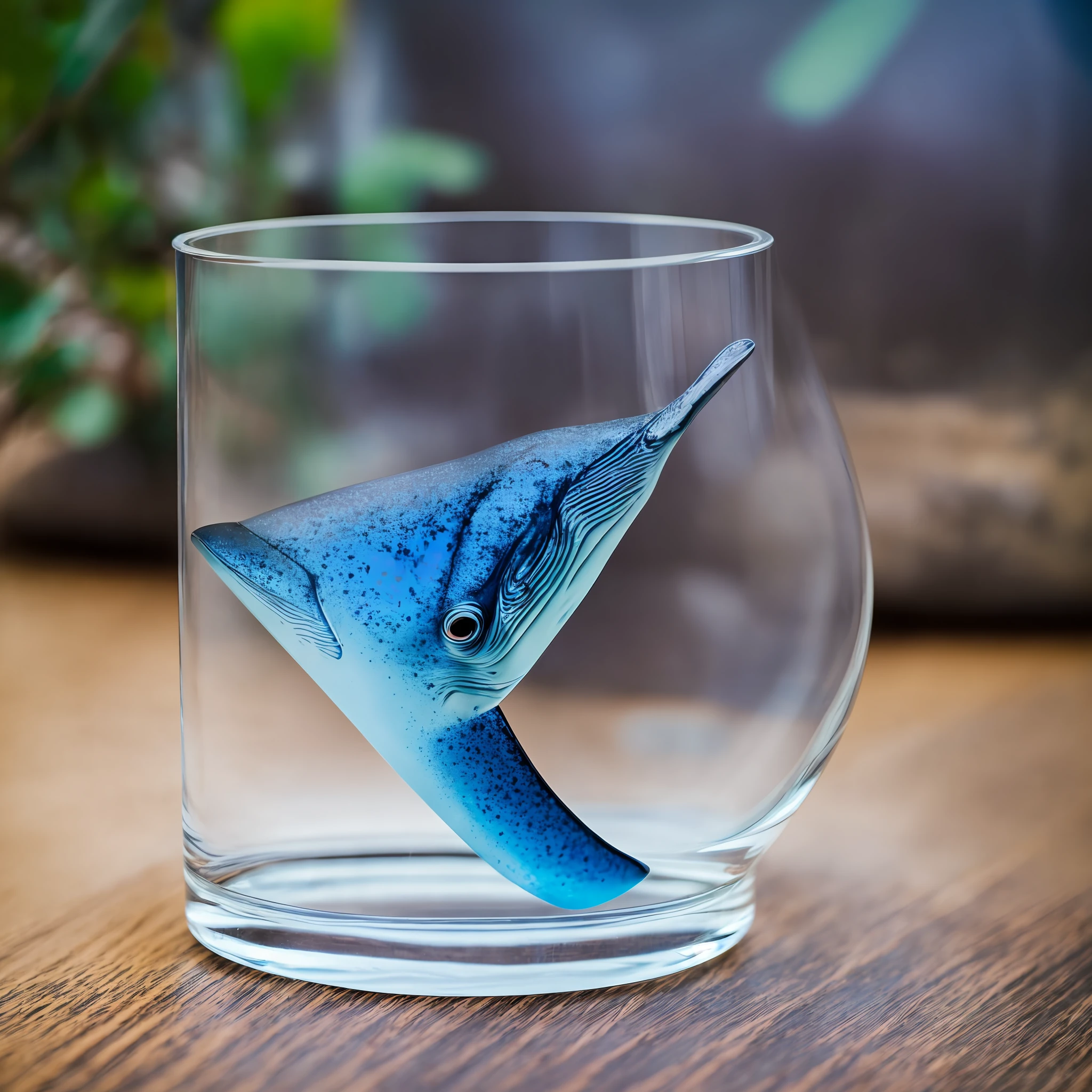 A portrait of a blue whale inside a transparent glass, professional color gradation, soft shadows, no contrast, sharp focus, film photography --auto --s2