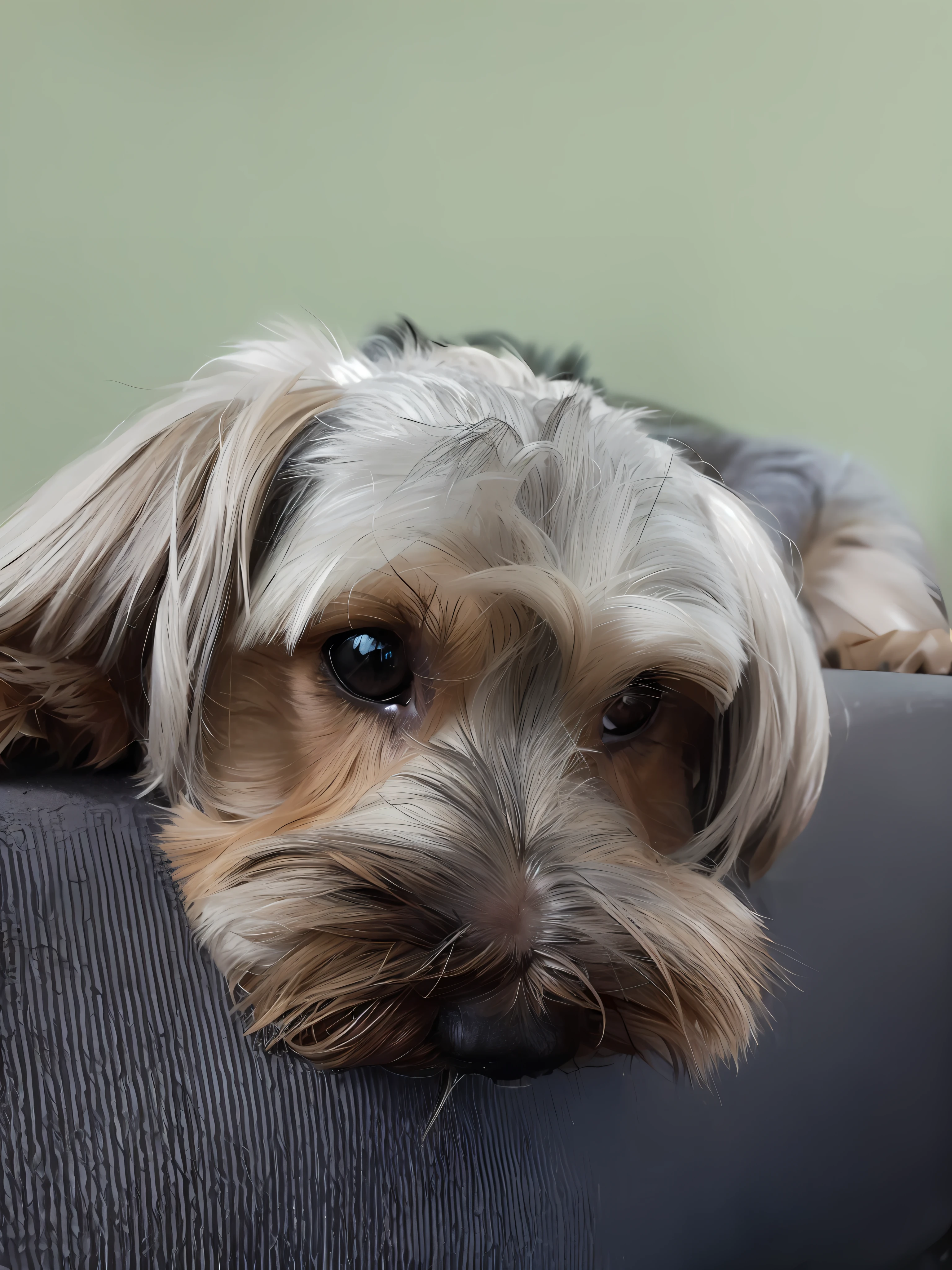 there is a small dog that is laying on a couch, scruffy looking, yorkshire terrier, looking towards the camera, looking straight to the camera, tired face, front portrait, looking away from camera, looking tired, looking from side, looking away from the camera, looking straight to camera, looking off to the side, taken with sony a7r camera