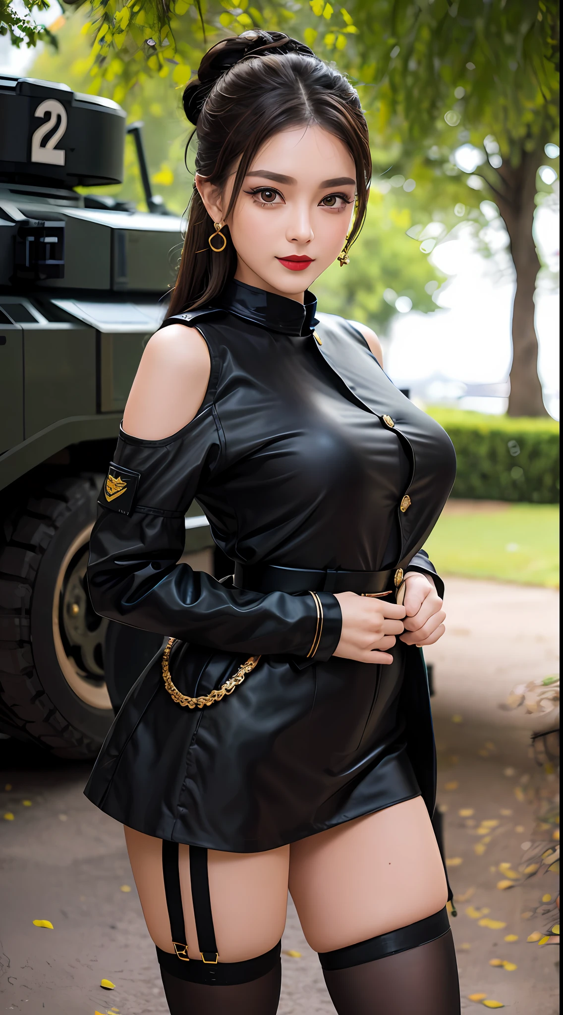 1 beautiful girl wearing a general's costume, Long dark brown hair tied neatly, beautiful face, big round eyes, thin eyebrows, heavy makeup eyelids, earrings with earrings, red lips, charming smile, Wearing an officer's uniform, big and round chest, slim waist, small butt, long legs wearing thin black mesh stockings, The girl is standing next to a tank, best picture, highest quality, 8k quality, portrait,