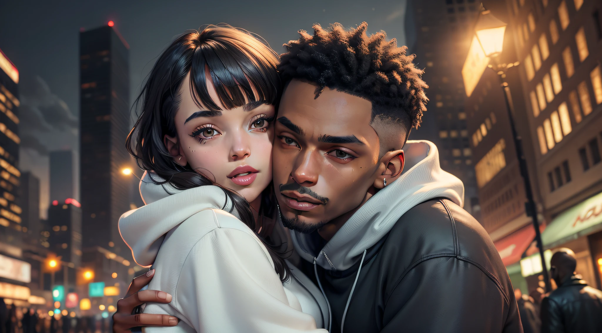 (((masterpiece))), better quality, extremely detailed, intense night lighting, urban environment, atmospheric perspective, (skinny black man in sweatshirt) in foreground, (white woman with bangs) hugged behind, dynamic night town around the characters, detailed faces.