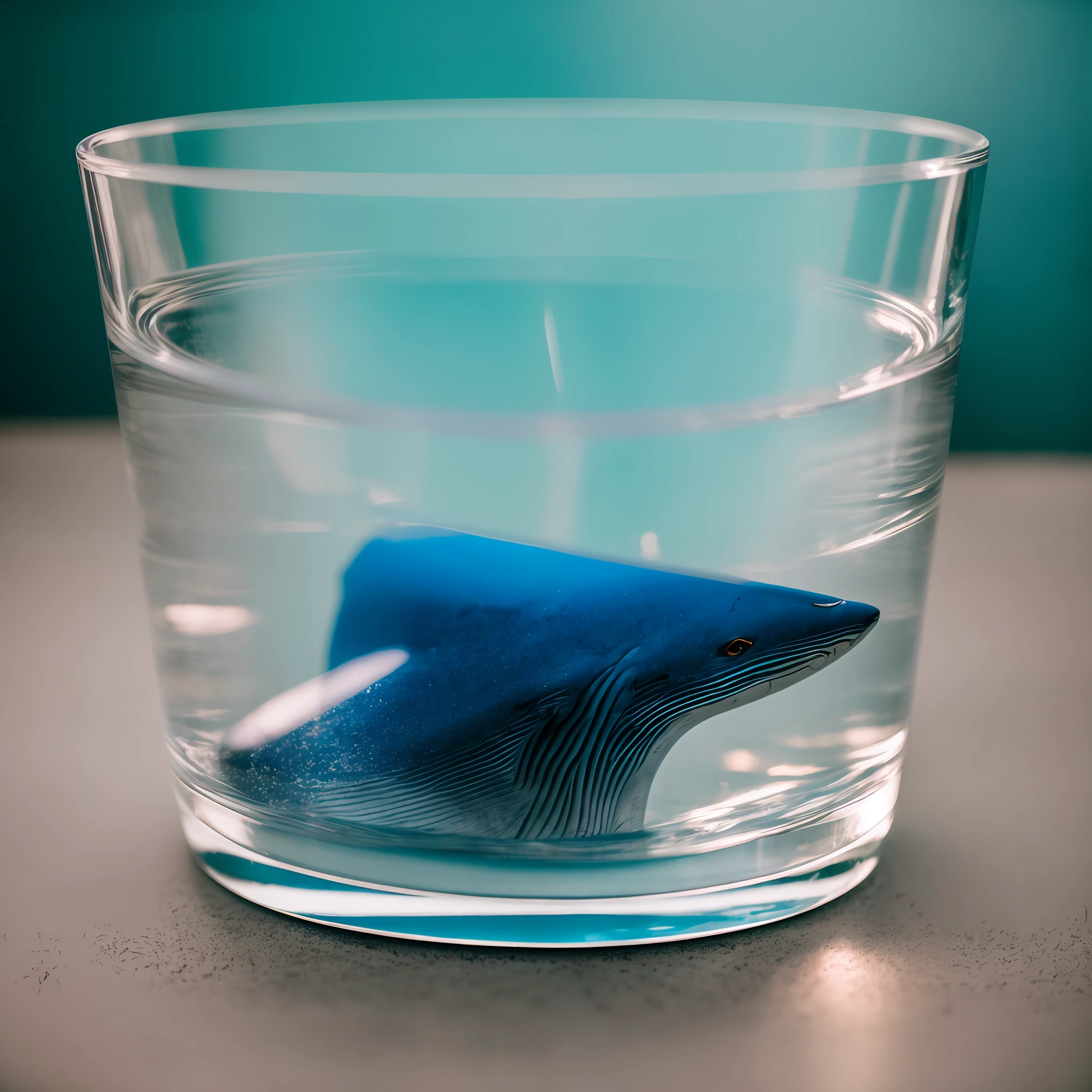A portrait of a blue whale inside a transparent glass, professional color gradation, soft shadows, no contrast, sharp focus, film photography --auto --s2