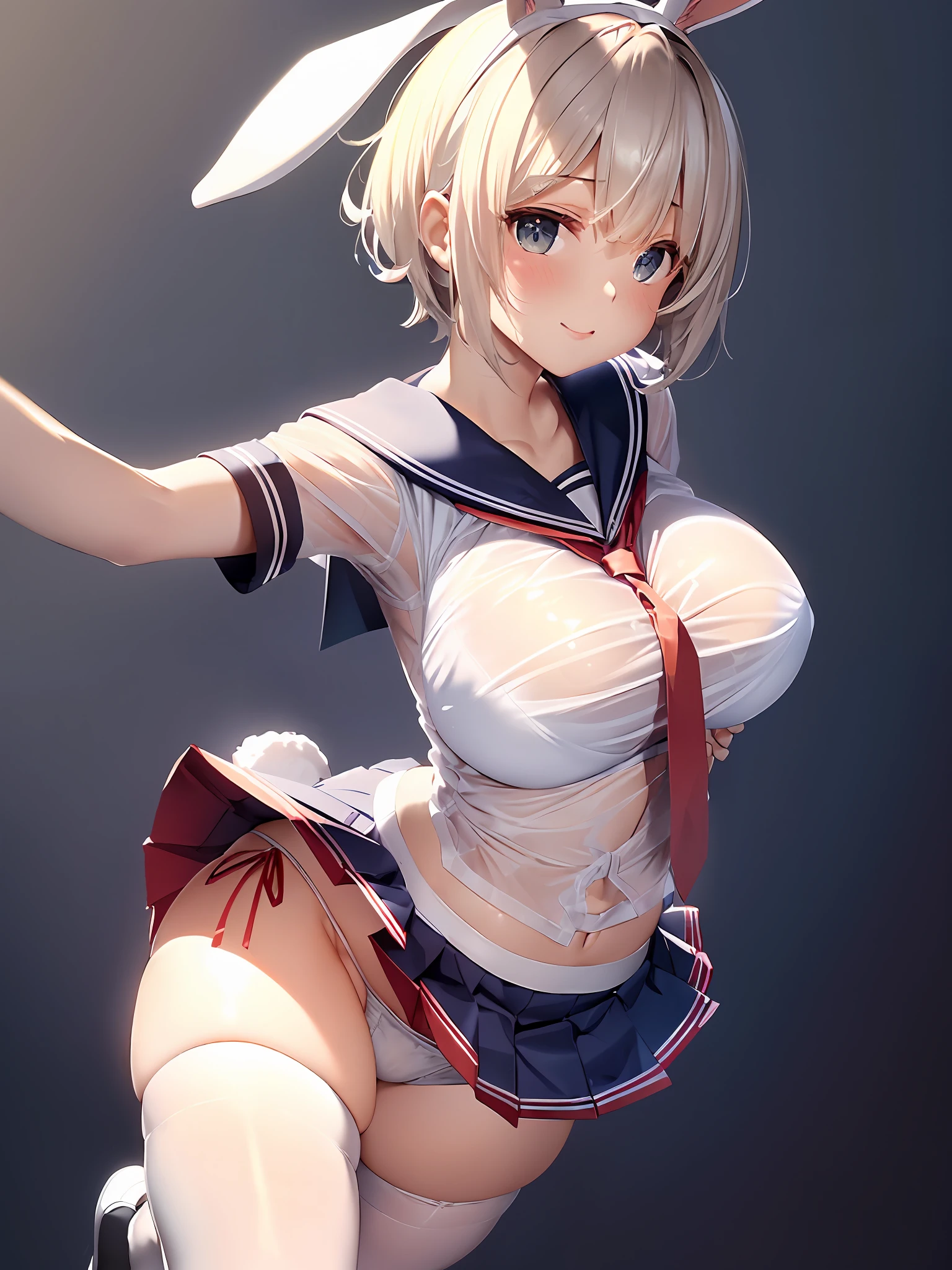 soft lighting, atmospheric, 1girl, solo,charming smile,lime green eyes,red cheeks,wide hips,thick thighs,legwear,thigh highs,puffy nipple,erect gigatic breasts:1.5), bent bunny ears,black bunny ears, (subsurface scattering)+, short hair,(((white sailor))),((very long red sailor tie)), (((pleated navy very short micro mini skirt))),(((see-through white mini panties)))low reg panties, messy hair, (white short sleeve),black high heels,under boob,squat,low reg skirt