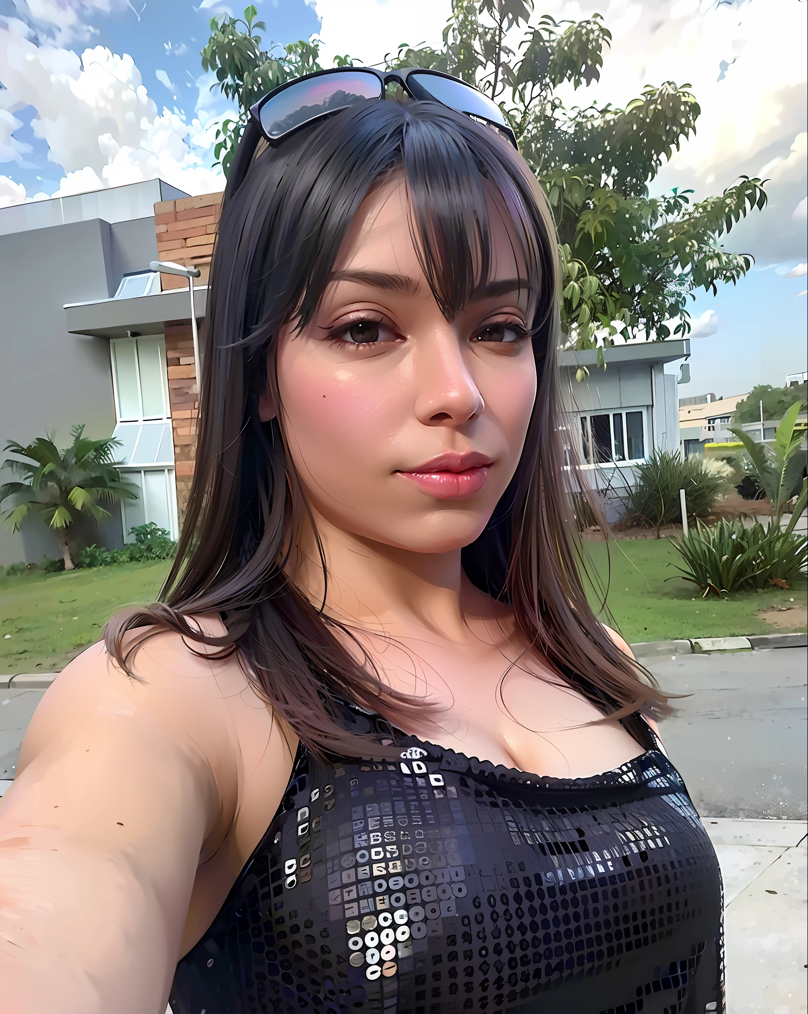 There is a Teenager with a black top and sunglasses, Alanis Guillen, sexy face, (( 15 year old girl)), ( large breasts ), from Cuba, sexy face with full makeup, Fernanda Suarez, frontal photo, Malika Favre, Belle Delphine, profile picture, sensual look, looks Fabiula Nascimento, frontal, sexy look