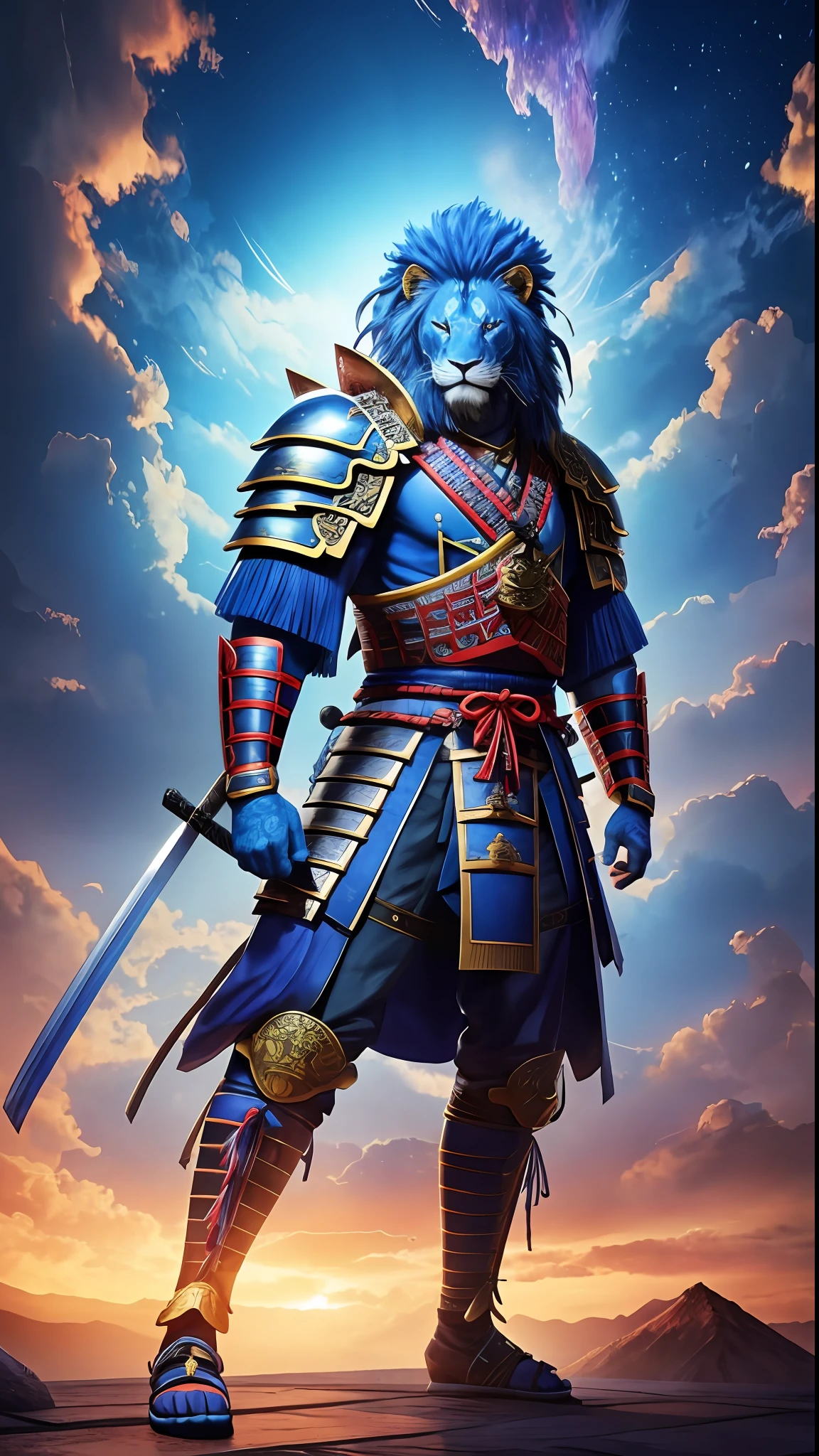 samurai lion realistic animation style, cinema quality, 3D texture, best rendering, cinematic scenery with blue nebula background, vivid colors, professional photo quality, ultra resolution, masterpiece, perfection, HDR, RTX, best anatomy, full body in photo, perfect eyes, 8K --auto --s2