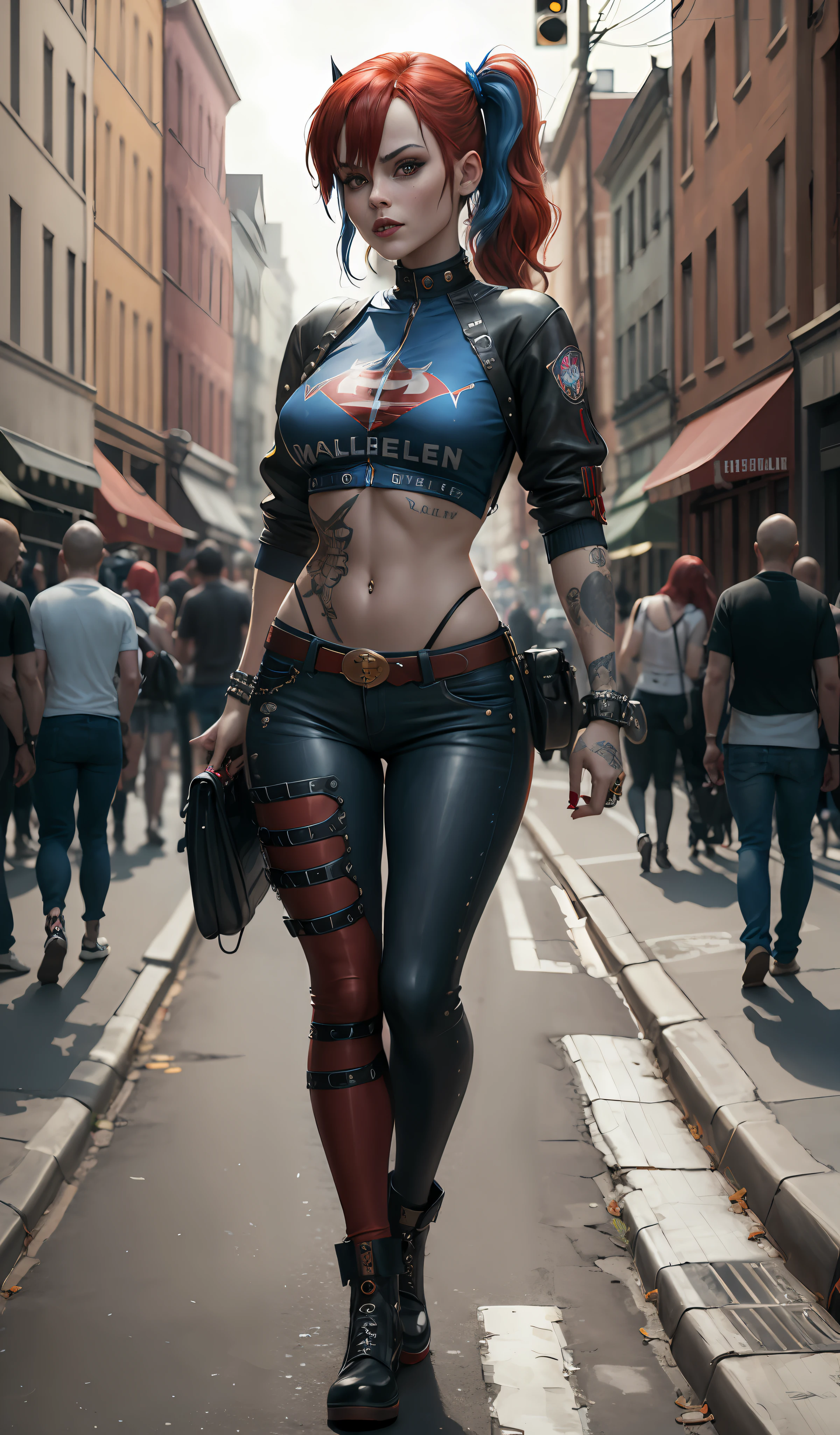 4k, realistic, carismatic, very detail, there is a girl on street, wearing harley queen costum, wearing pants, she is harley queen, street theme, red blue hair, 25 years old, full body
