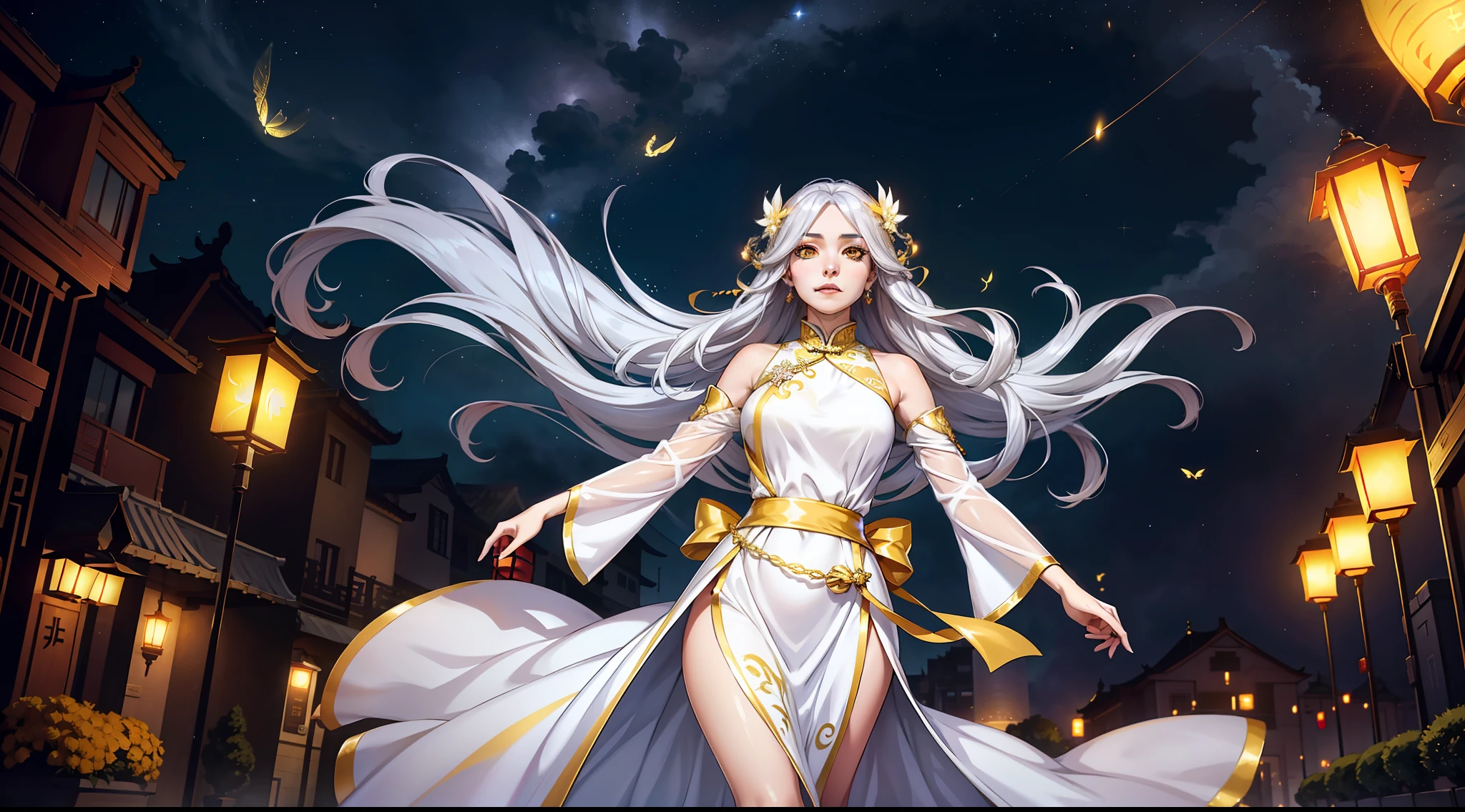 goddess of lights, (silvery long hair fluttering in the wind), hair reflecting the light of street lamps, (golden eyes), (long dress fluttering in the wind), (dress very long), (Chinese dress black, white and yellow), flickering lanterns flying around, shoulders open, dress covering the chest, a red belt with a knot of happiness on the dress, The goddess walks along a modern street, lanterns are burning on the street, night, stars in the sky,  Top view, fantasy, (detailed face)