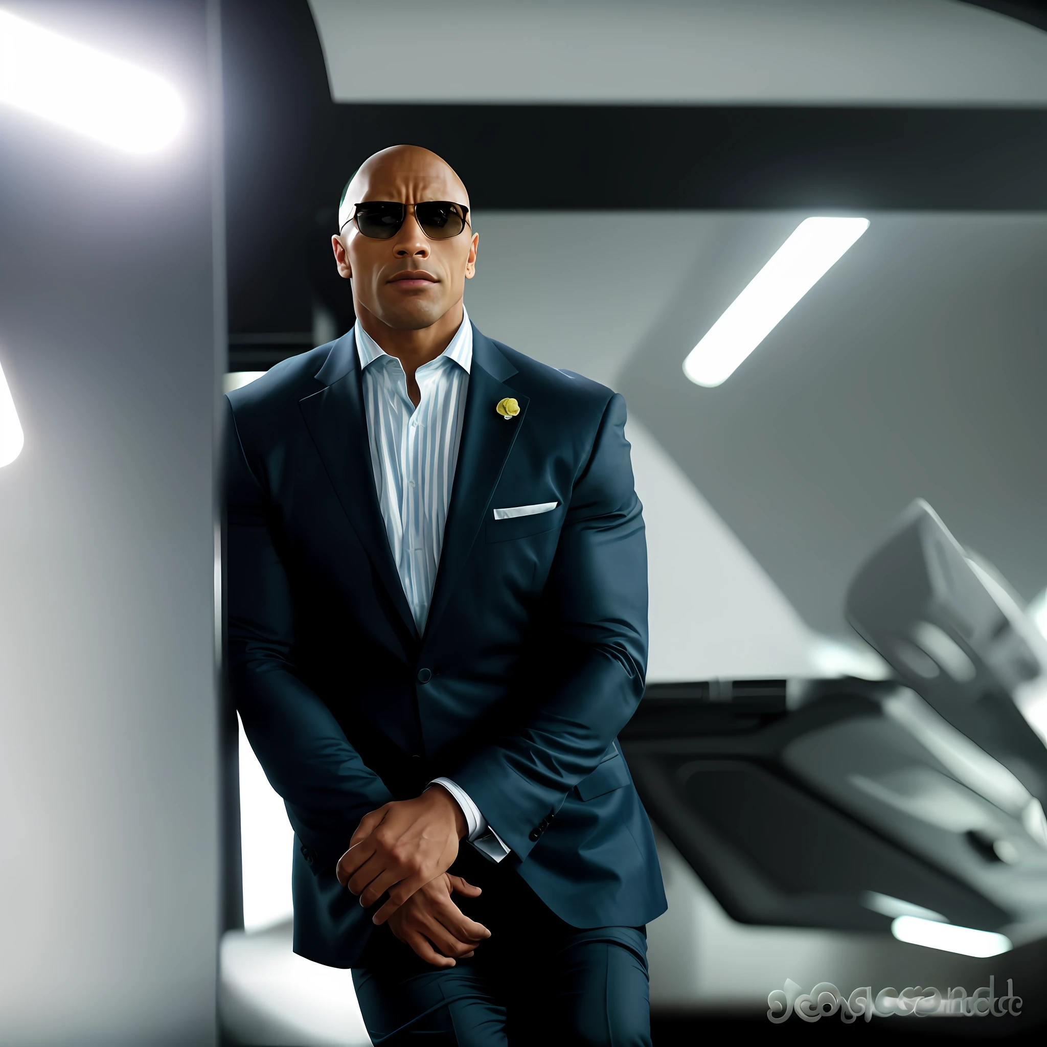1man sitting down, in a suit and tie, Dwayne Johnson the rock
