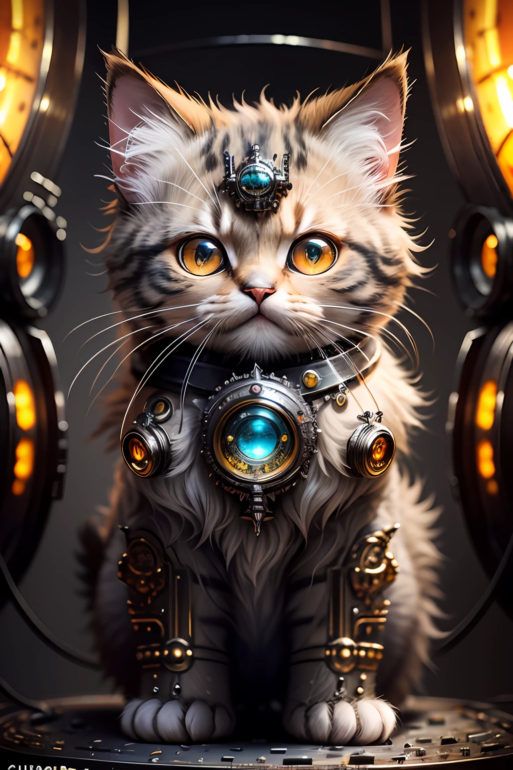 a cute fluffy kitten made out of metal, cyborg, cyberpunk style, clockwork, ((intricate details)), hdr, big eyes, ((intricate details, hyperdetailed)), vacuum tube or electron tube, cinematic shot, vignette, bokeh effect beckground