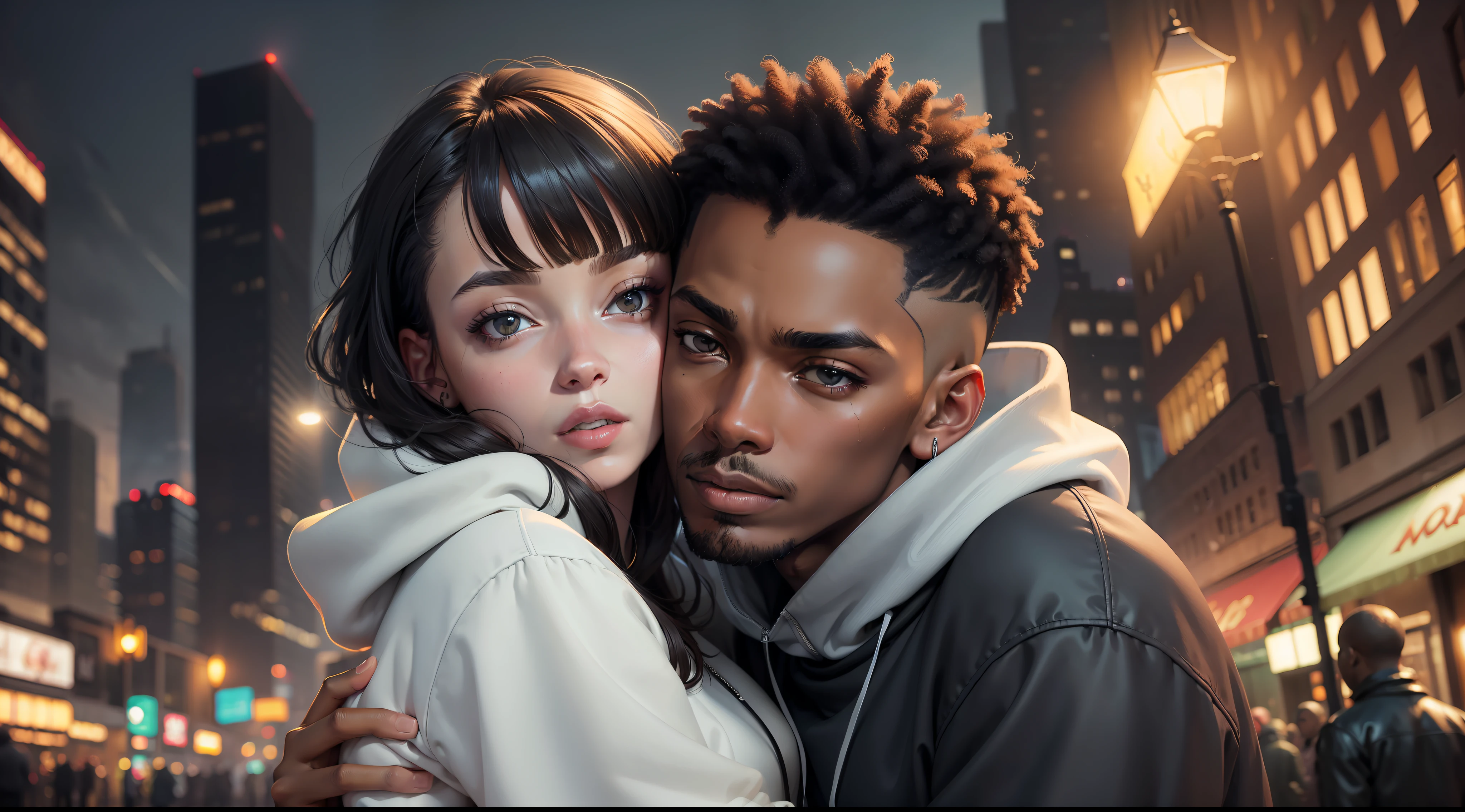 (((masterpiece))), better quality, extremely detailed, intense night lighting, urban environment, atmospheric perspective, (skinny black man in sweatshirt) in foreground, (white woman with bangs) hugged behind, dynamic night town around the characters, detailed faces.