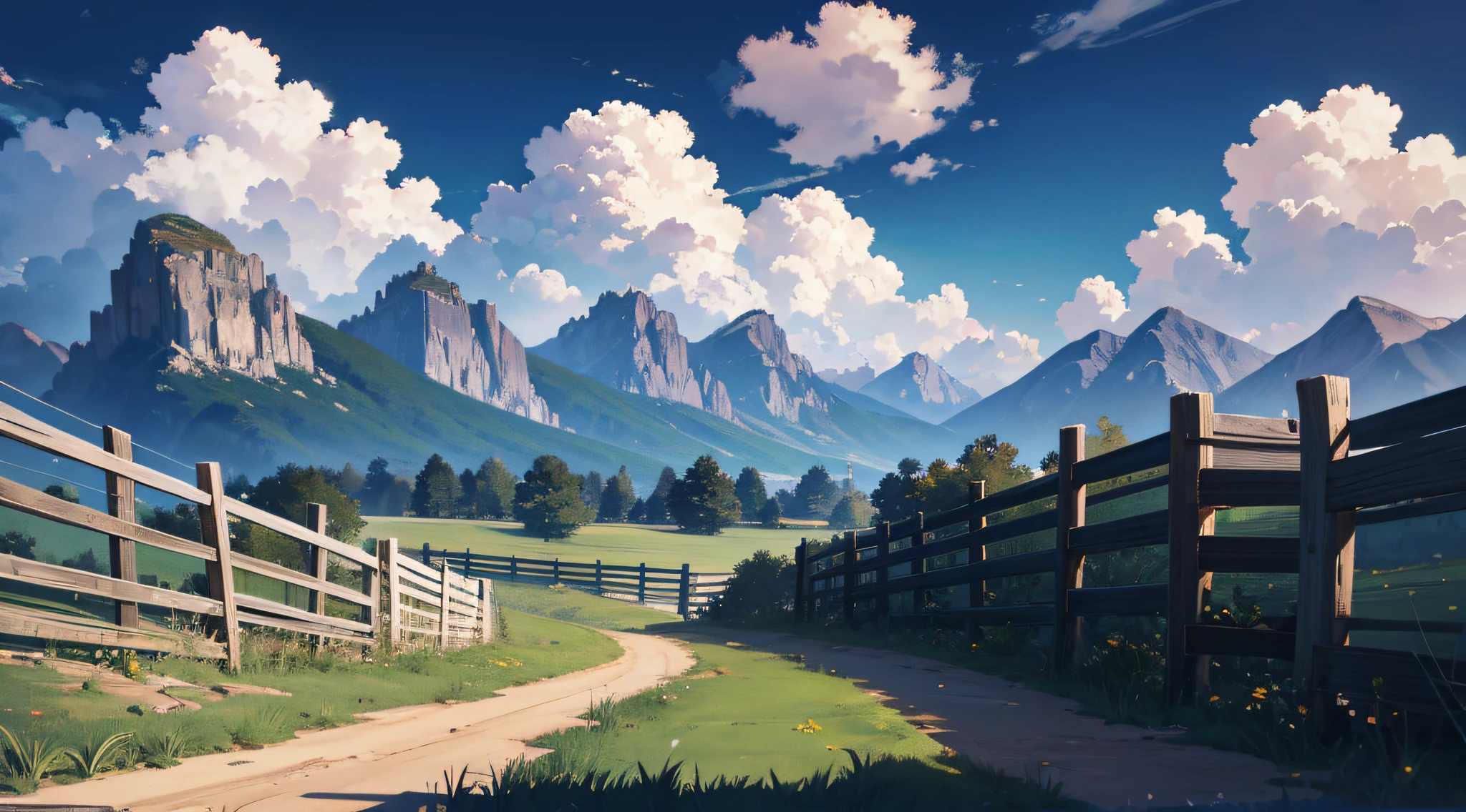 rural landscape, grass, mountains in the background, clouds, fence, dirt road, masterpieces, HD, high quality, best quality, highres, high quality, high details, masterpiece, anime style