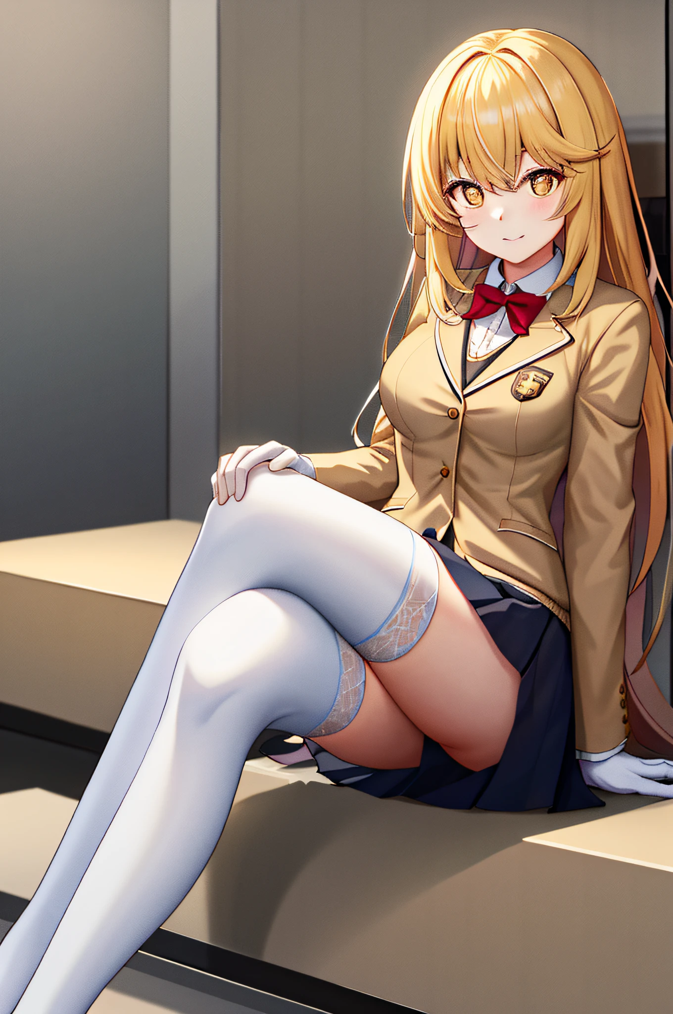 best quality, highres, 1girl, shokuhou misaki, long hair, tokiwadai school uniform, school uniform, blonde hair, thighhighs, gloves, skirt, sweater vest, white thighhighs, white gloves, +_+, elbow gloves, yellow eyes, pleated skirt, short sleeves, symbol-shaped pupils, large breasts, jacket, blazer, sitting, crossed legs,